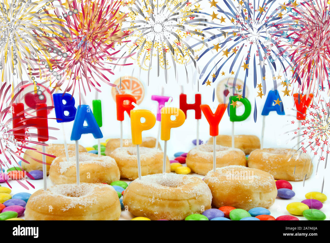 Happy Birthday with donuts firework and candles Stock Photo Alamy
