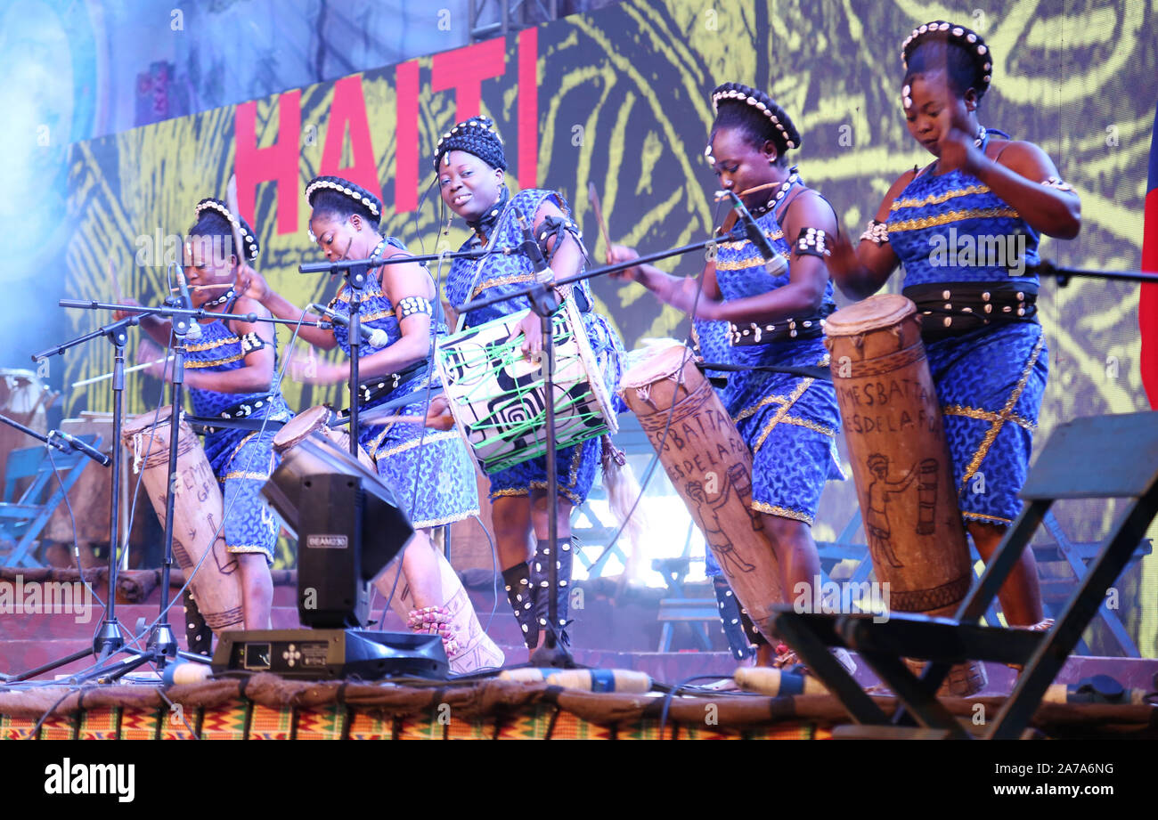 Haiti female drummers performing during the African Drum Festival in Abeokuta, Ogun State Nigeria. Stock Photo