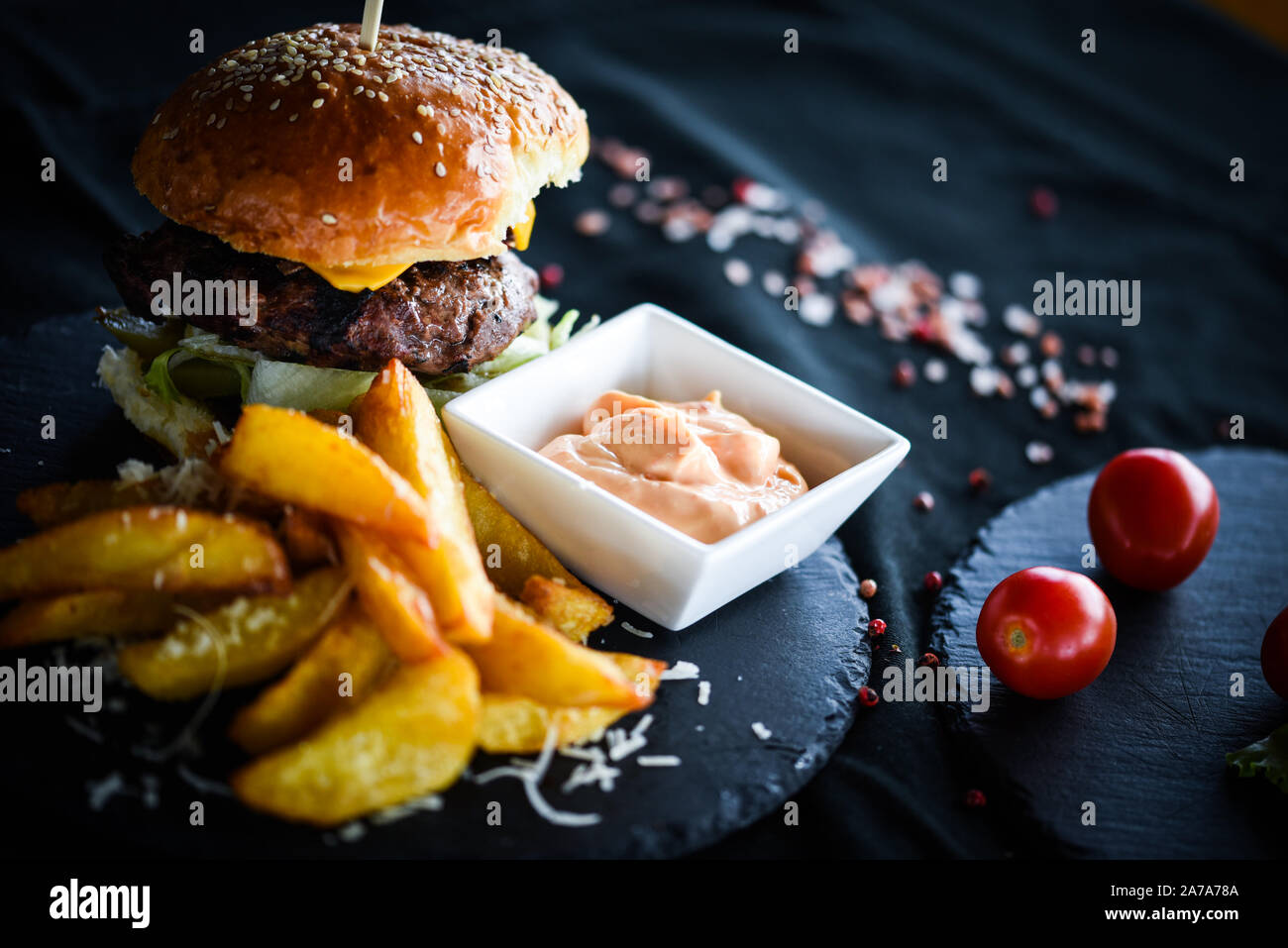 home made burgers with delicious french fries & spicy mayonnaise sauce
