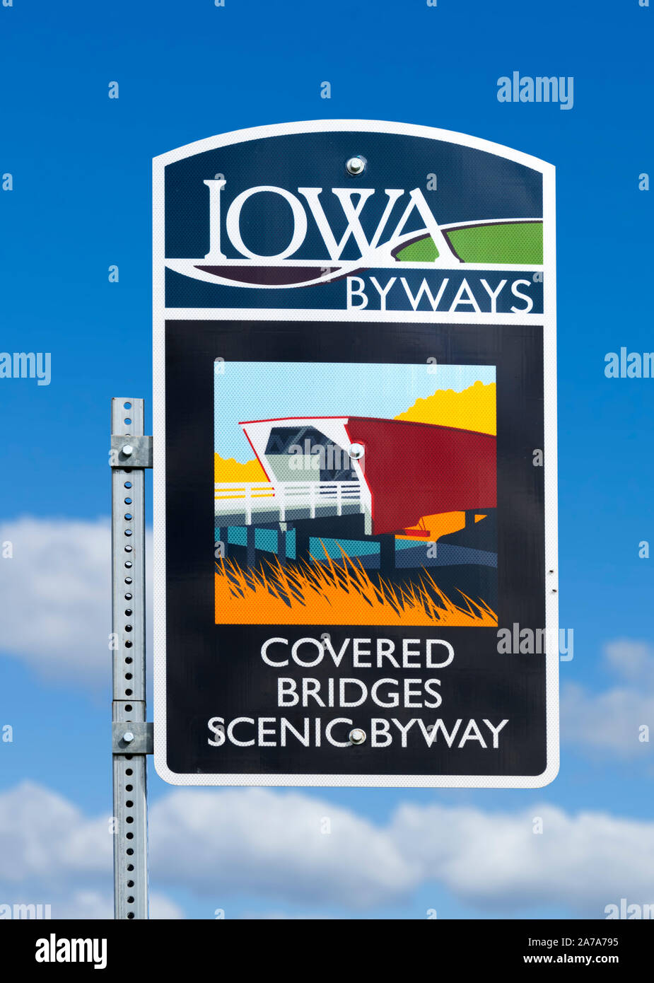 Sign for Covered Bridges Scenic Byway, Winterset, Iowa, USA Stock Photo