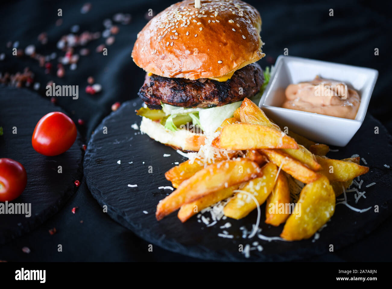 home made burgers with delicious french fries & spicy mayonnaise sauce