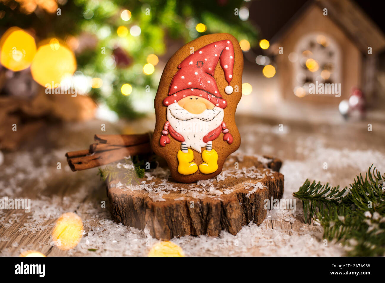 Holiday traditional food bakery. Gingerbread little fairytale gnome in