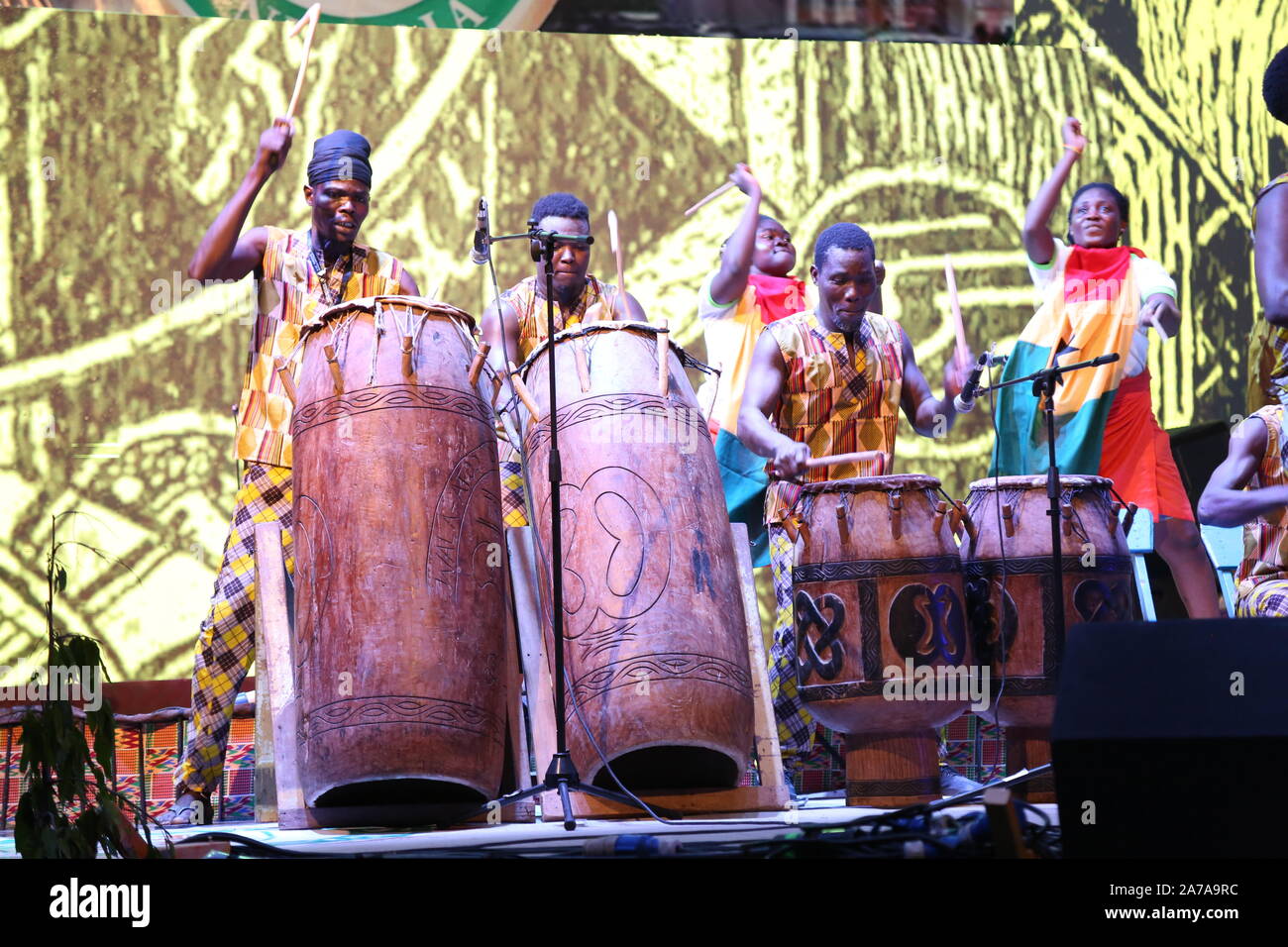 Ghanian Drummers performing at the Festival during the African Drum Festival in Abeokuta, Ogun State Nigeria. Stock Photo