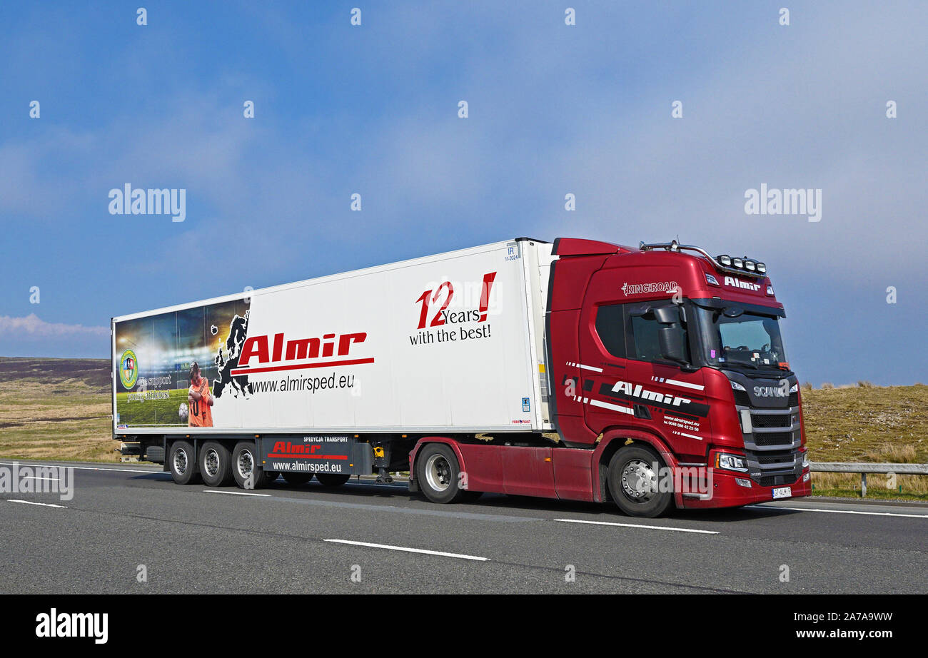 Almir Transport-Spedycja HGV. M6 Motorway, Southbound, Shap, Cumbria, England, United Kingdom, Europe. Stock Photo