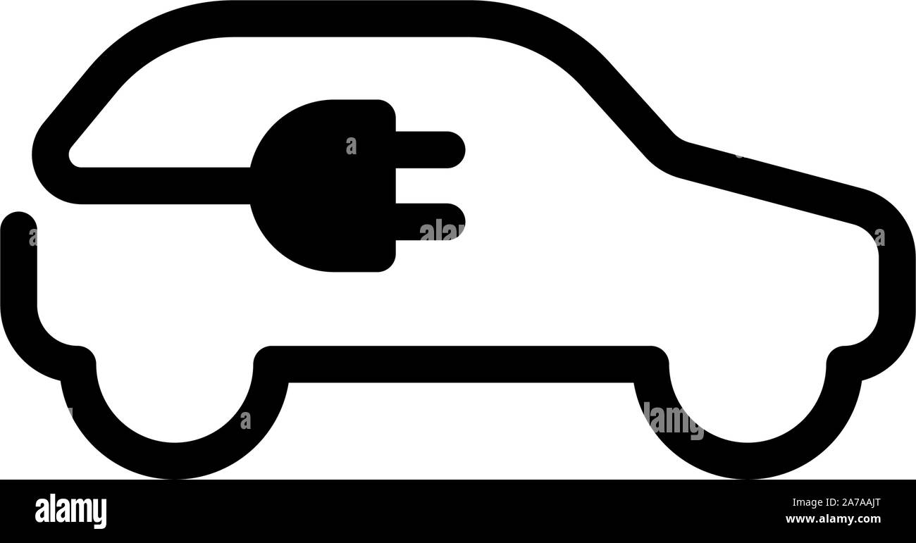 Electric car icon. Electrical automobile cable contour and plug charging black symbol. Eco friendly electro auto vehicle concept. Vector electricity illustration Stock Vector