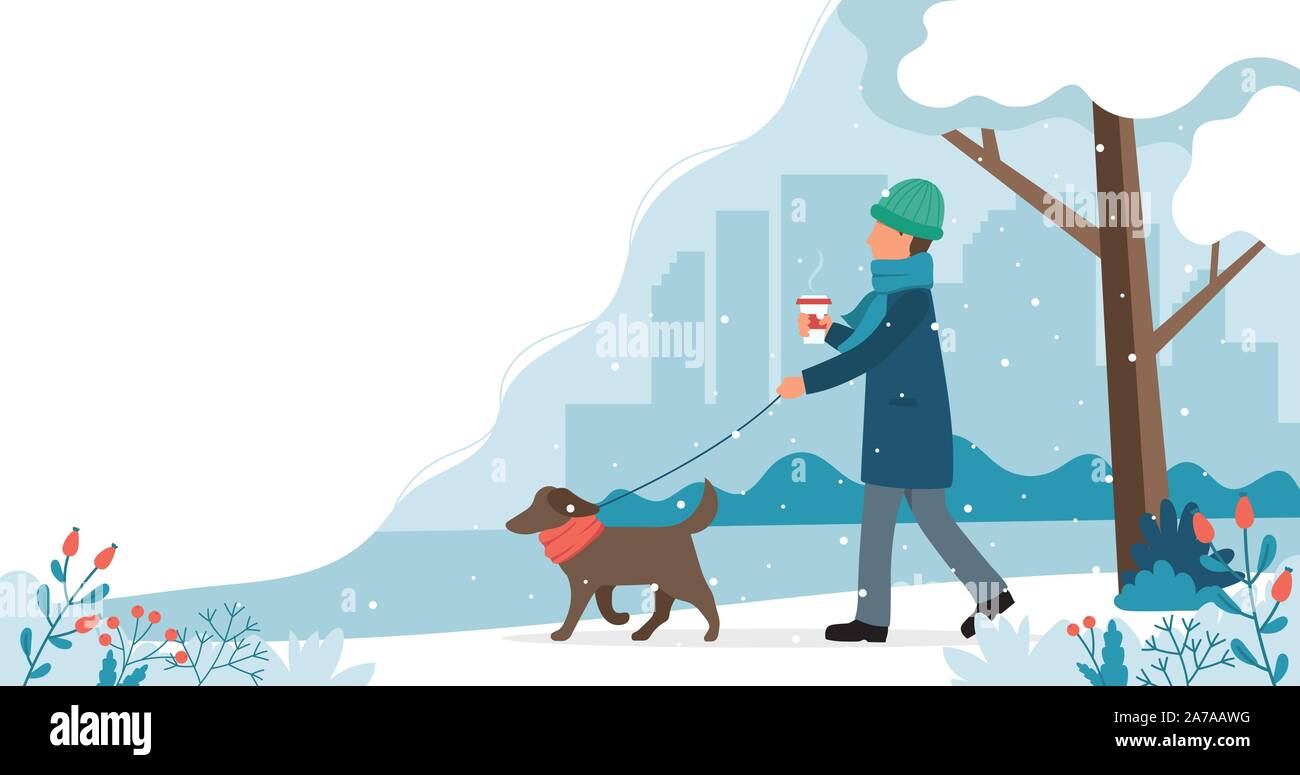 Man walking the dog in winter. Cute vector illustration in flat style ...
