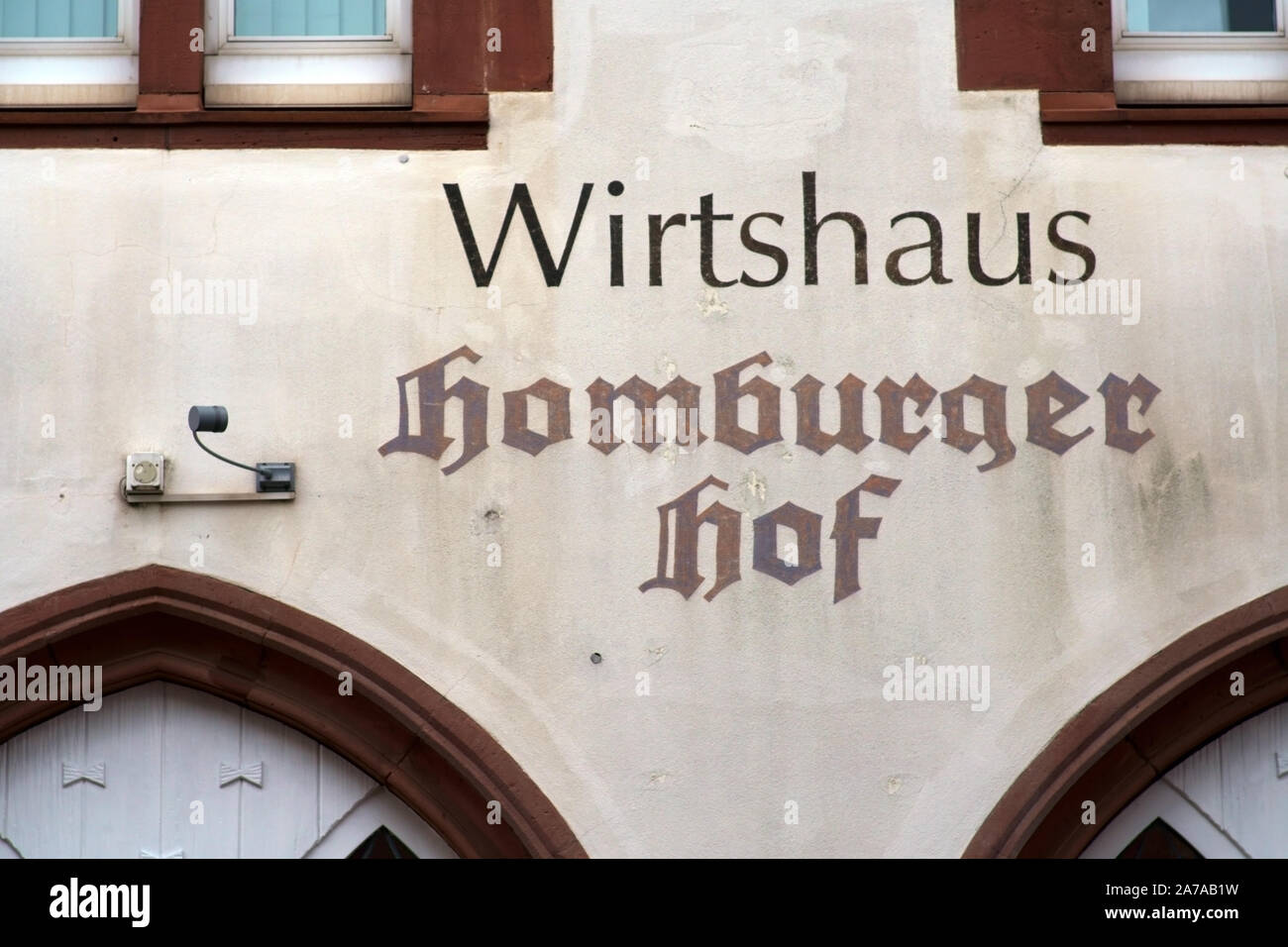The vintage facade of the old inn Homburger Hof in Homburg. Stock Photo