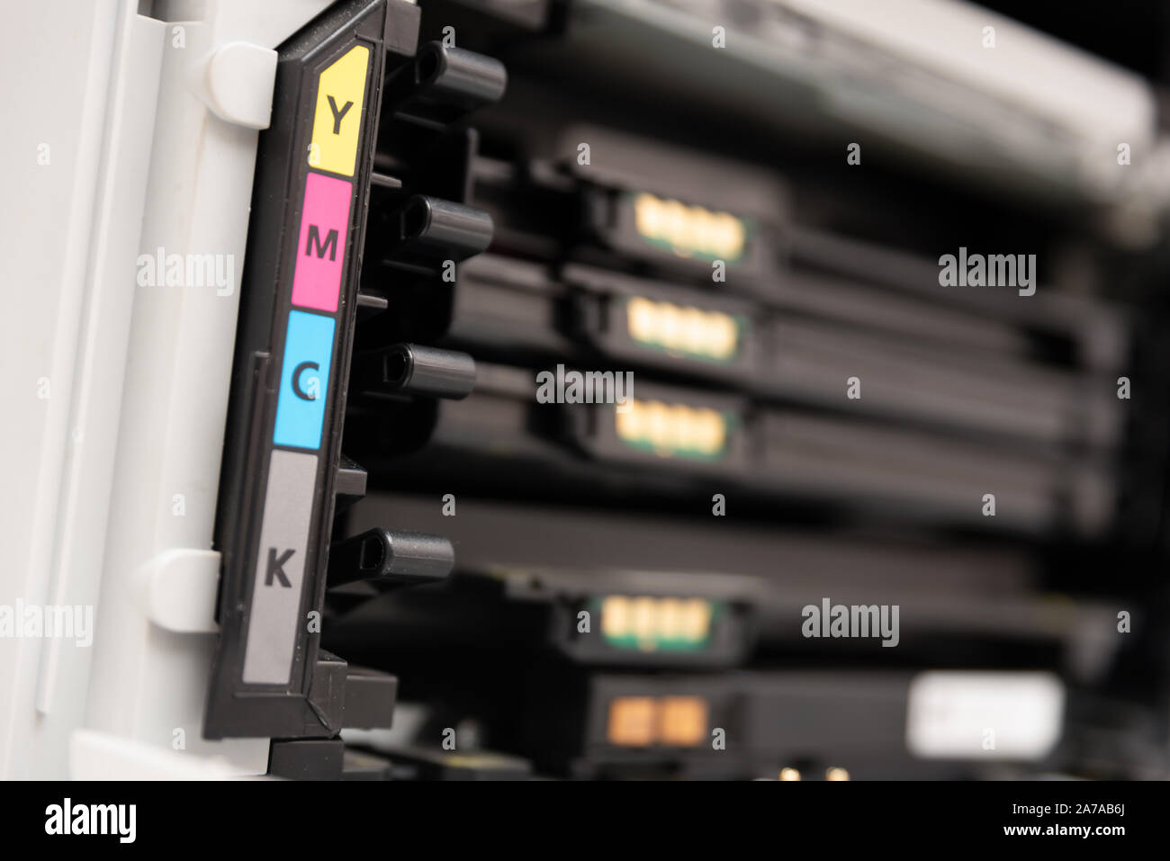 Toners in the laser printer. Multifunction printer, scanner, copier device. Stock Photo