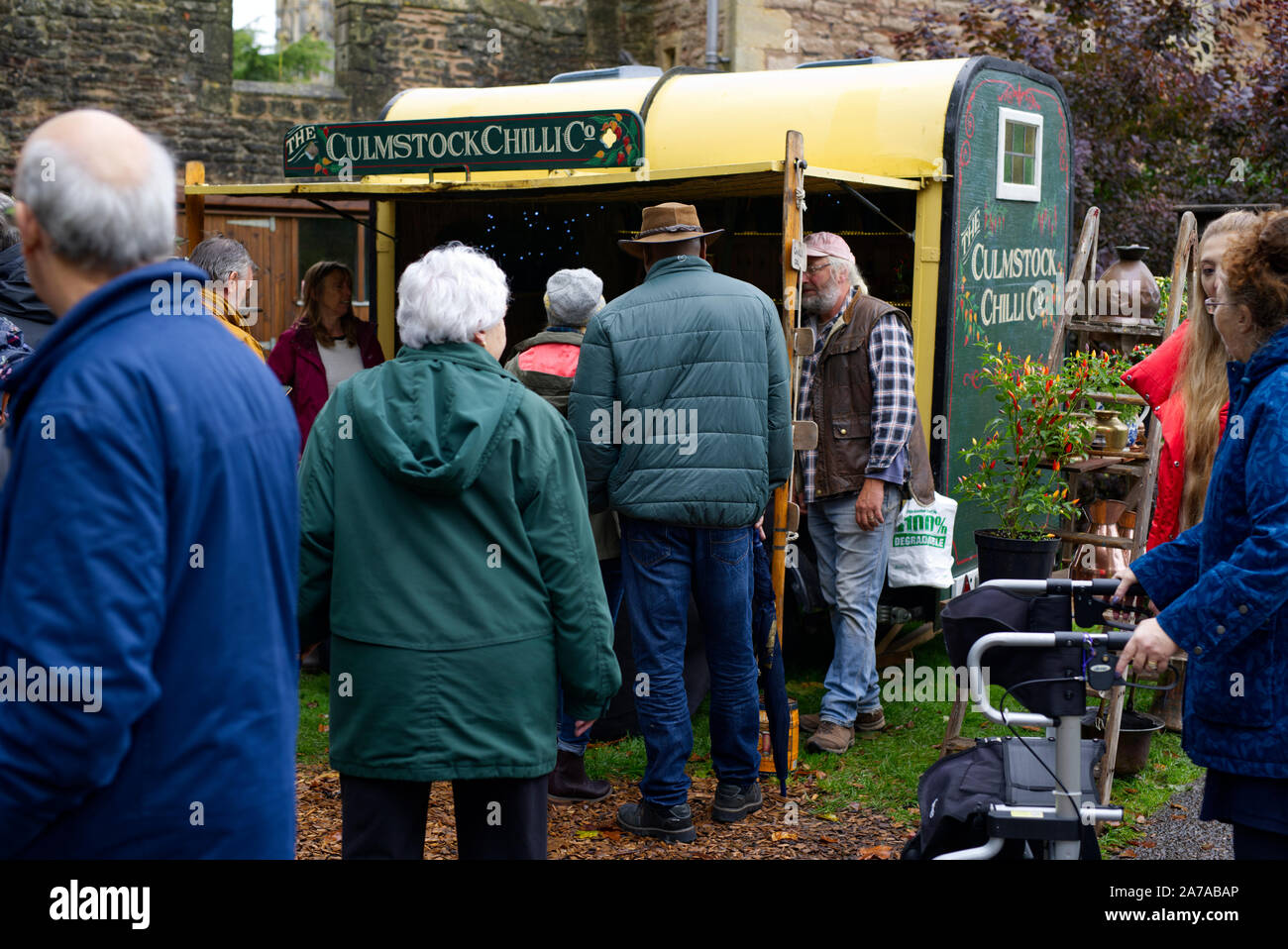 Owner of Culmstock Chilli Co. interacting with the public at Wells Food Festival Stock Photo