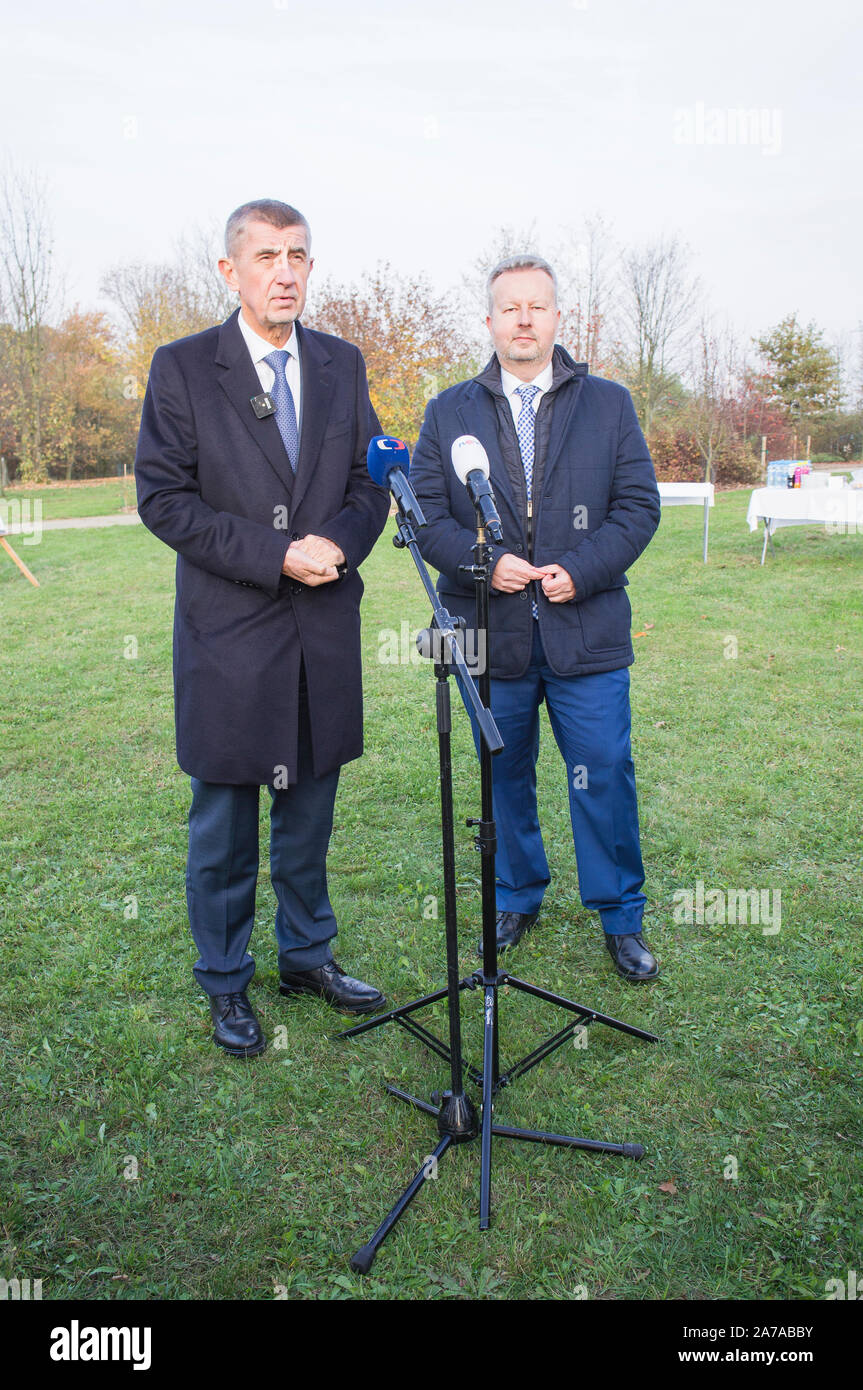 Czech Prime Minister Andrej Babis, left, and Environment Minister Richard Brabec at a briefing after they planted xerophytic oak trees in Dendrologica Stock Photo