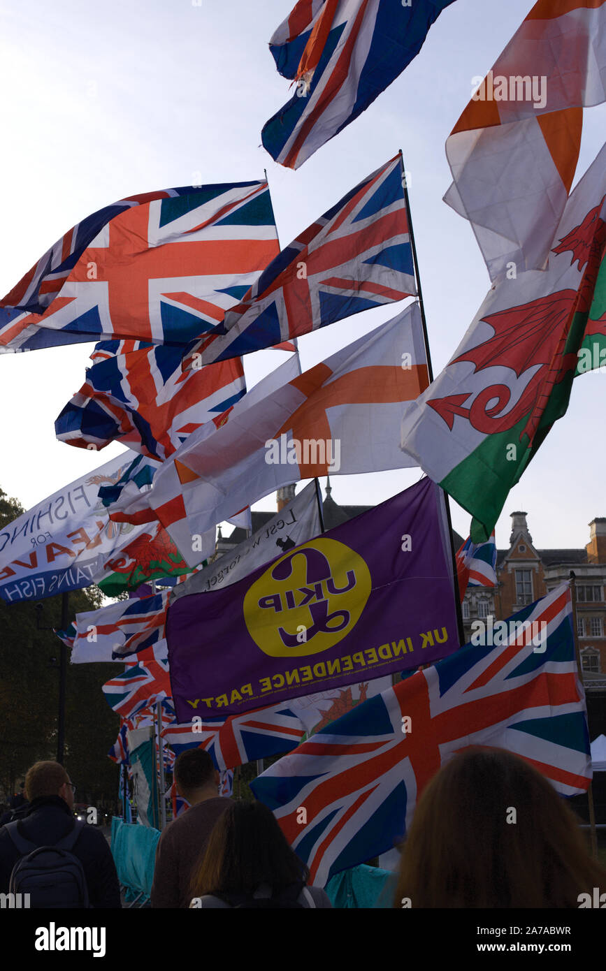 London,UK 31 October 2019. Pro Brexit flags at protest opposite parliament Stock Photo