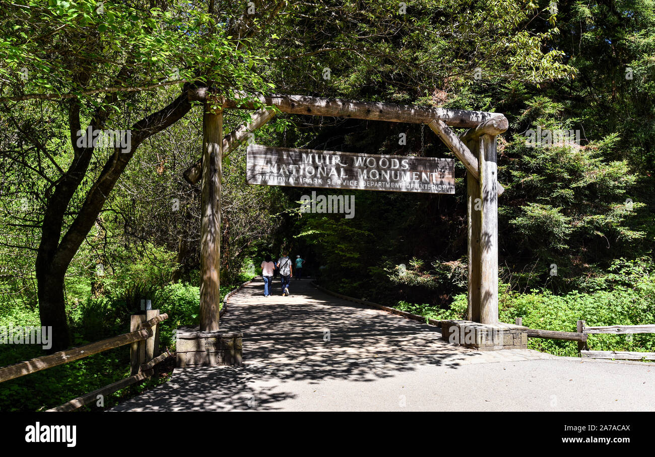 Entrance sign of Muir Woods National Monument, a park close to San Francisco well-known for its magnificent an old-growth coastal redwood forest. Stock Photo