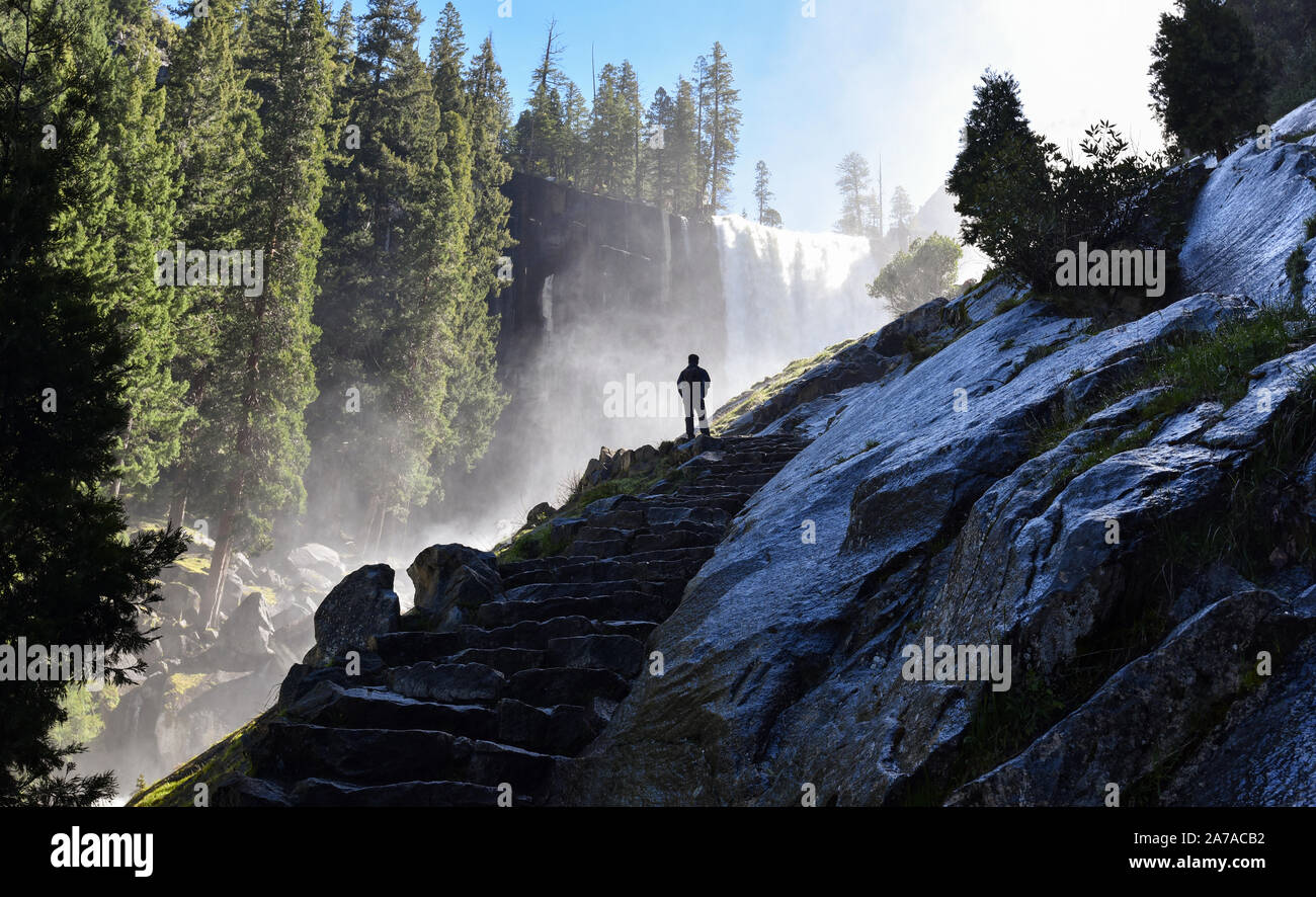 Silhouette of a man watching Vernal Falls in Yosemite National Park, California, USA. Stock Photo