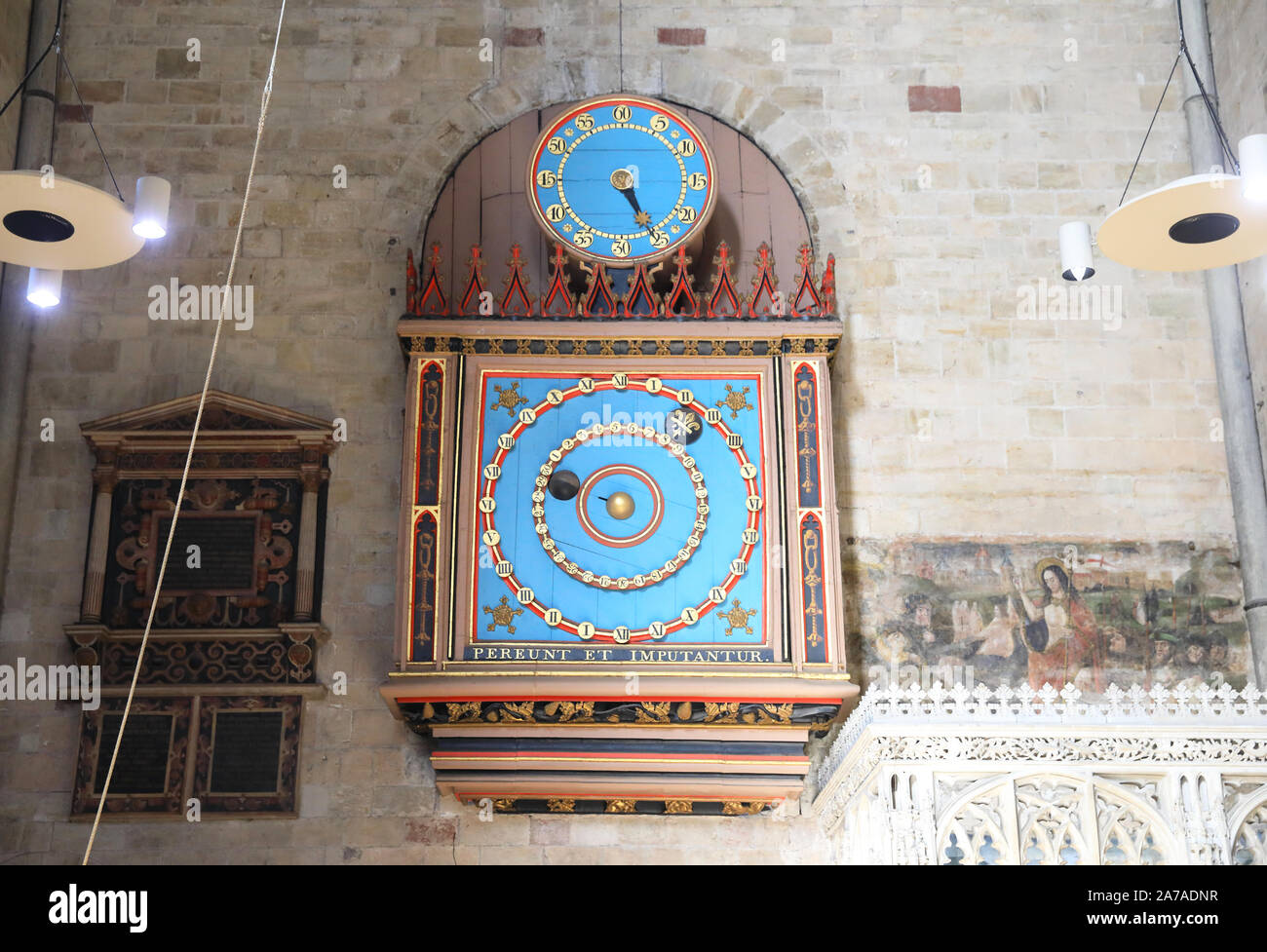 The 15th century historical astronomical clock, a working model of the solar system, in Exeter Cathedral, in Devon, UK Stock Photo