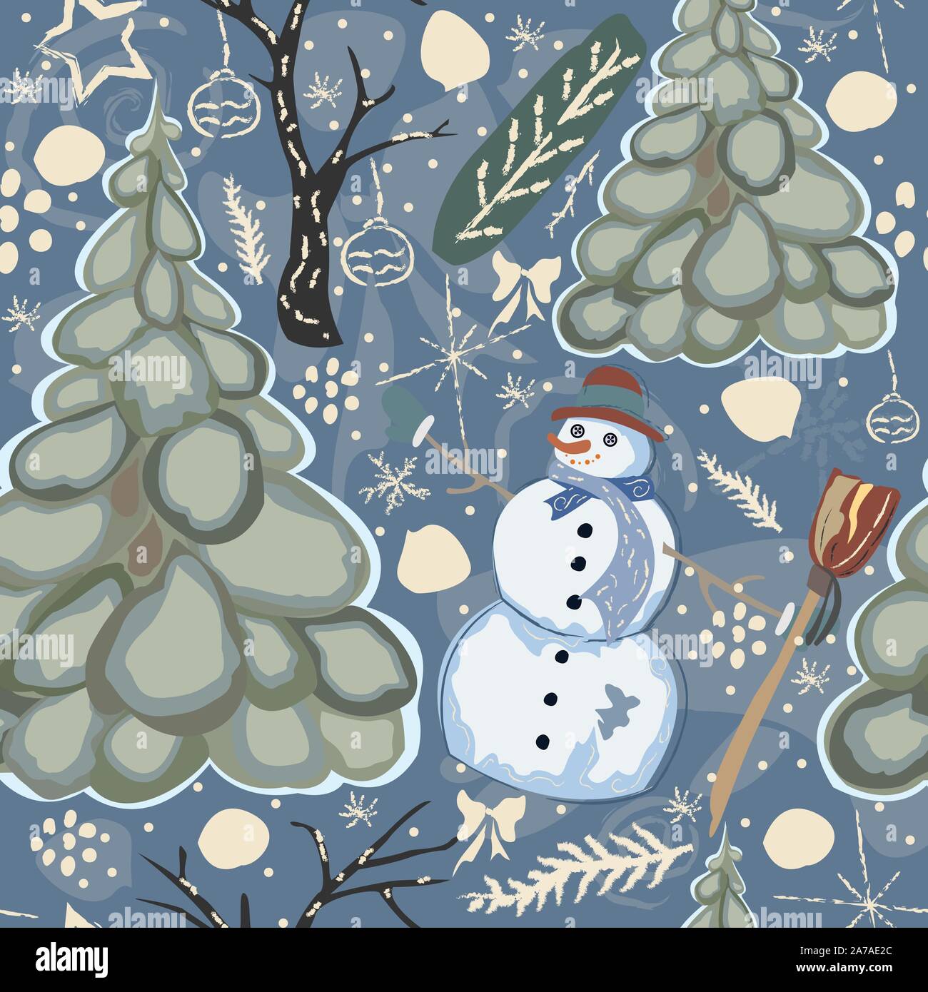 Colorful Winter Pattern with Snowman. Seamless Pattern. Vector Illustration. Stock Vector