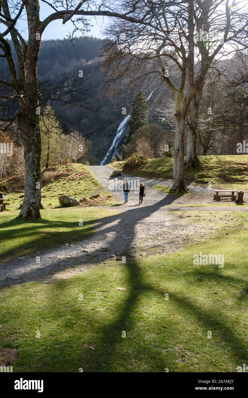 POWERSCOURT WATERFALL, WICKLOW, DUBLIN, IRELAND-APRIL 4, 2015: At the base of waterfall are visitors facilities. Stock Photo