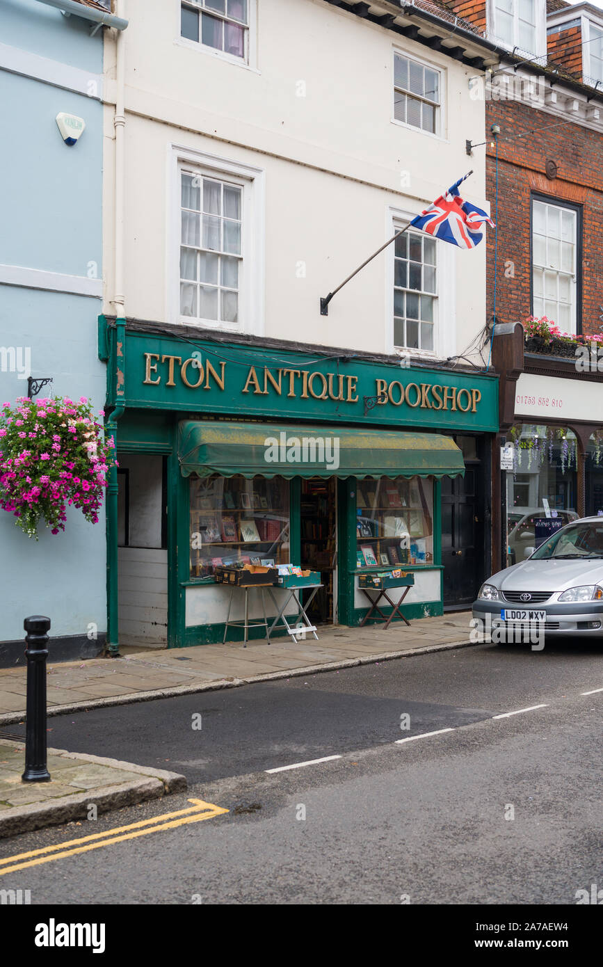 The Eton Antique Bookshop in High Street, Eton. A bookshop selling antiquarian and second hand books and prints. Stock Photo