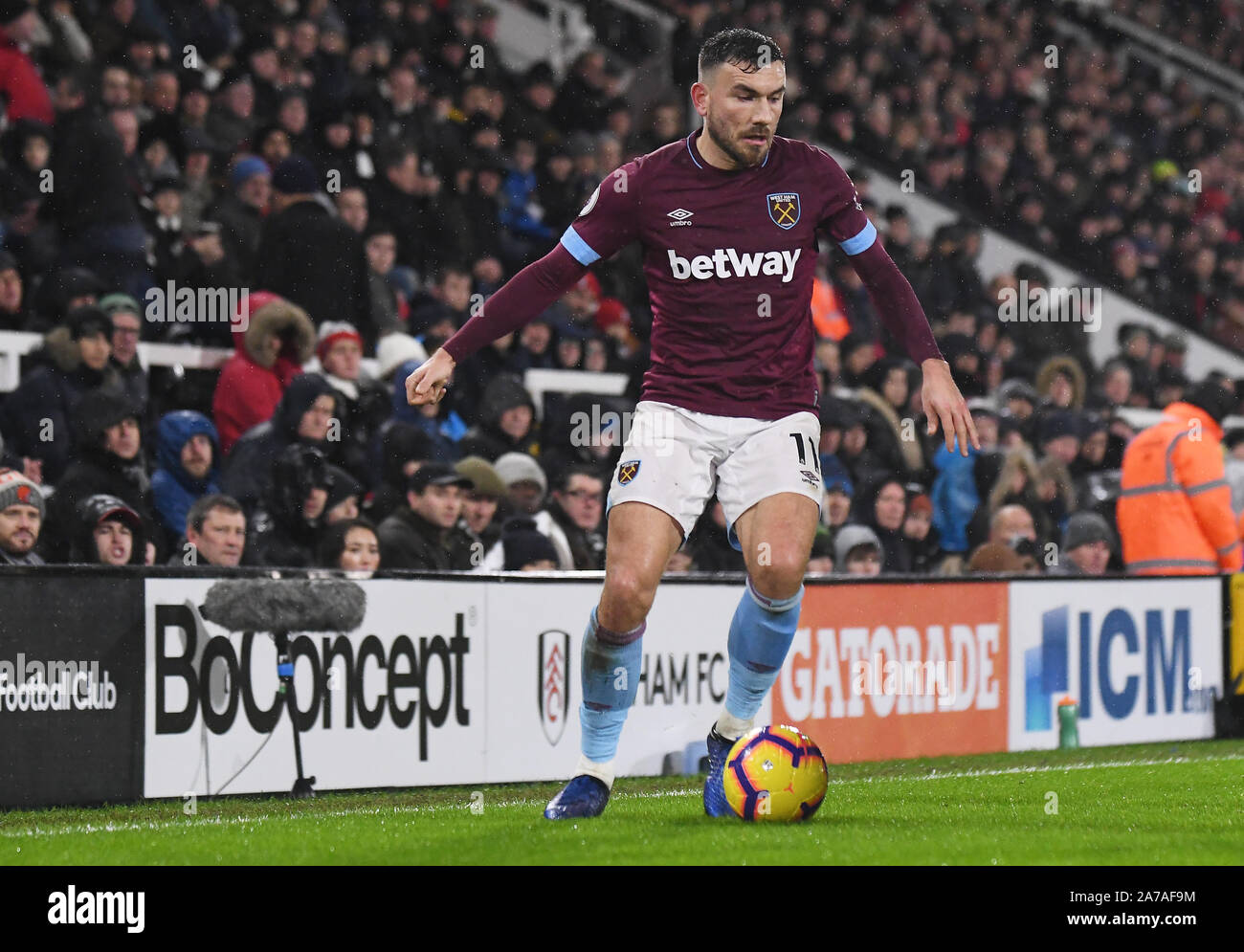LONDON, ENGLAND - DECEMBER 15, 2018: Robert Snodgrass of West Ham pictured during the 2018/19 Premier League game between Fulham FC FC and West Ham United at Craven Cottage.. Stock Photo