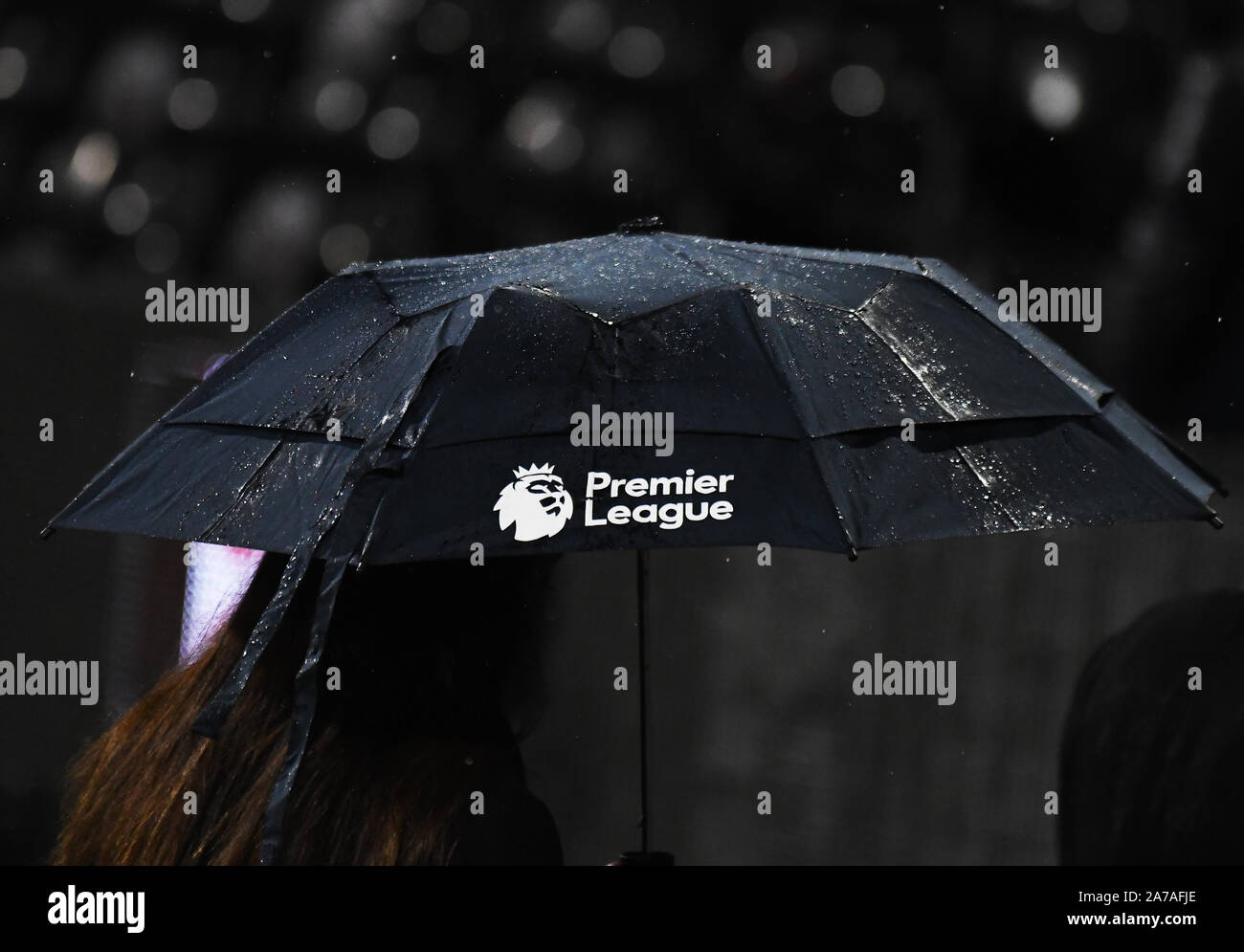 LONDON, ENGLAND - DECEMBER 15, 2018: A Premier League branded umbrella pictured prior to the 2018/19 Premier League game between Fulham FC and West Ham United at Craven Cottage. Stock Photo