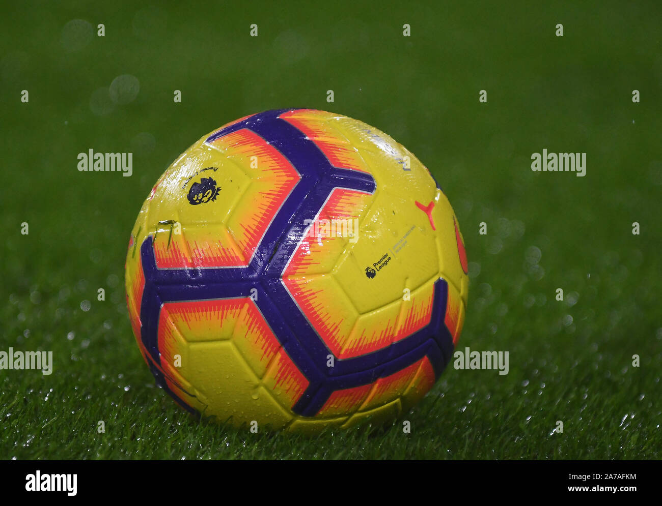 LONDON, ENGLAND - DECEMBER 15, 2018: The official Premier League match ball pictured prior to the 2018/19 Premier League game between Fulham FC and West Ham United at Craven Cottage. Stock Photo