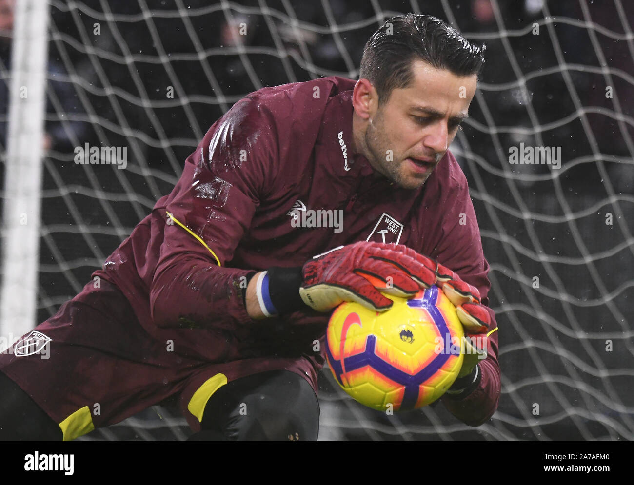 LONDON, ENGLAND - DECEMBER 15, 2018: Lukasz Fabianski of West Ham pictured prior to the 2018/19 Premier League game between Fulham FC and West Ham United at Craven Cottage. Stock Photo