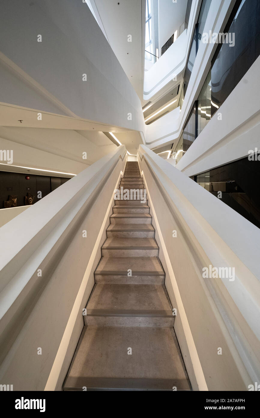 Interior of modern architecture of PolyU School of Design Jockey Club Innovation Tower at Hong Kong Polytechnic University, Hong Kong. Architect Zaha Stock Photo