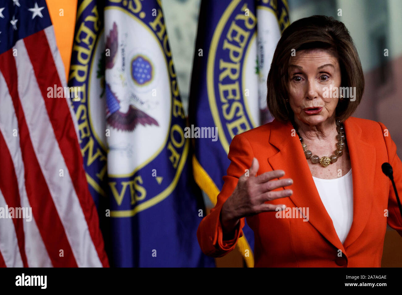 Washington, USA. 31st Oct, 2019. U.S. House Speaker Nancy Pelosi speaks during a press conference on Capitol Hill in Washington, DC, the United States, on Oct. 31, 2019. The U.S. House of Representatives voted on Thursday to approve a resolution designed to formalize proceedings of an impeachment inquiry into President Donald Trump. Credit: Ting Shen/Xinhua/Alamy Live News Stock Photo