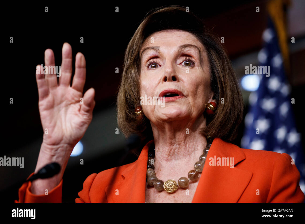 Washington, USA. 31st Oct, 2019. U.S. House Speaker Nancy Pelosi speaks during a press conference on Capitol Hill in Washington, DC, the United States, on Oct. 31, 2019. The U.S. House of Representatives voted on Thursday to approve a resolution designed to formalize proceedings of an impeachment inquiry into President Donald Trump. Credit: Ting Shen/Xinhua/Alamy Live News Stock Photo