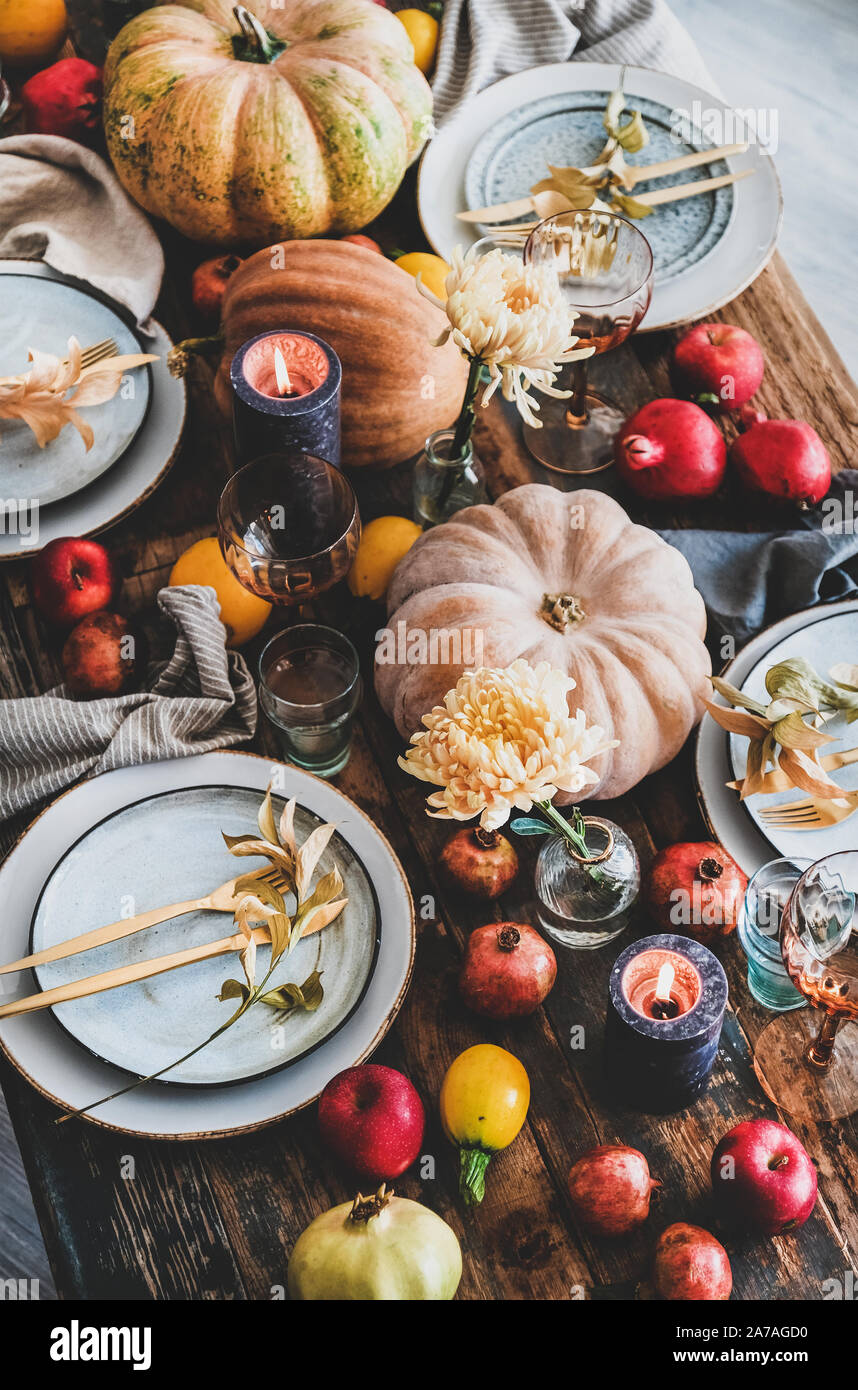 Fall table setting for Thanksgiving day party, top view Stock Photo - Alamy