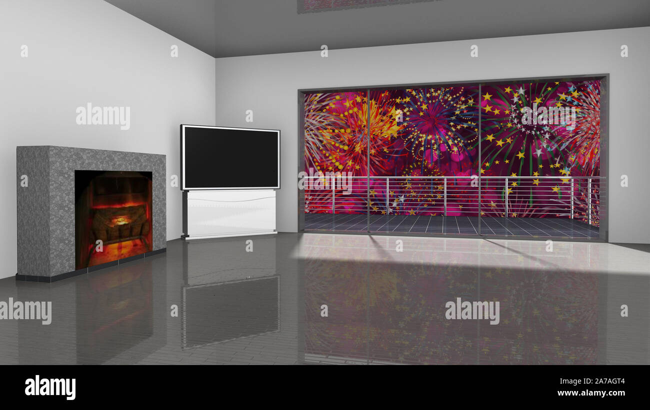 3D Illustration Penthouse fireworks through a panorama window in the ...