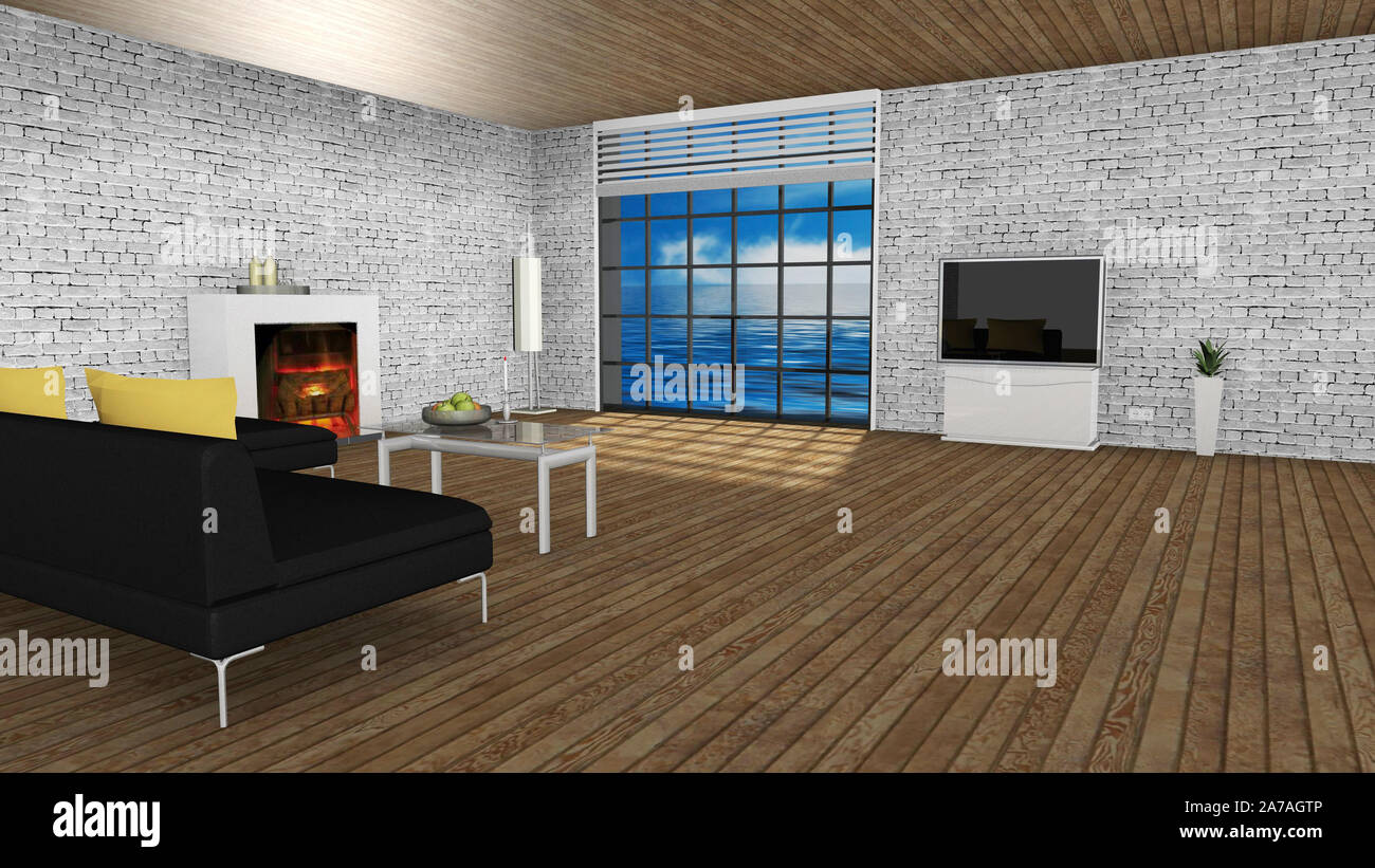3D Illustration Penthouse living room with sea view Stock Photo