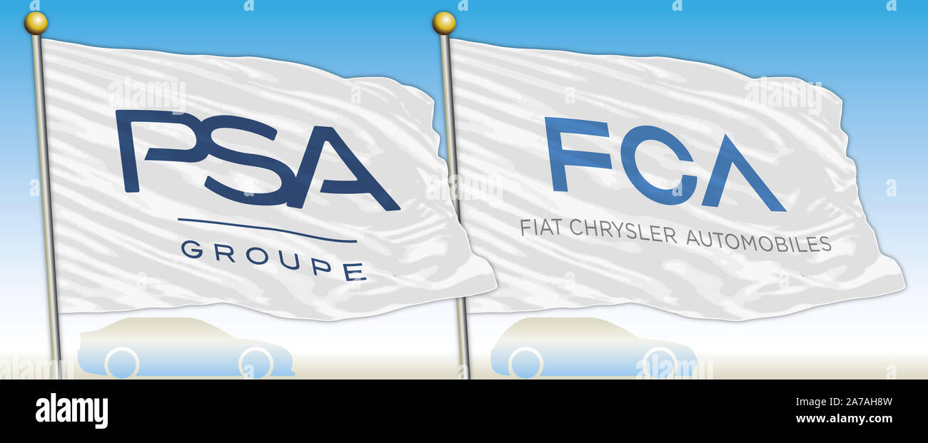 PSA and FCA car industrial group, flags with brands, editorial Stock Photo