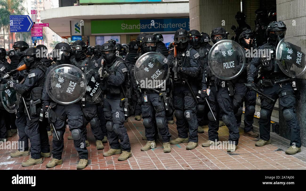 Hong Kong riot police guarding MTR station in Wanchai Hong Kong during ...