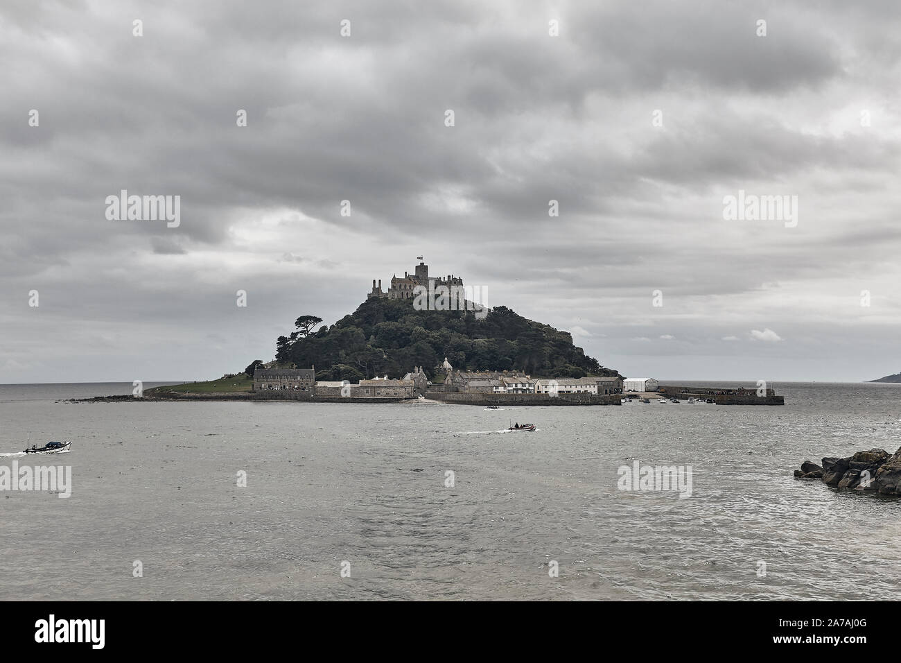 St Michael's Mount is a small tidal island in Mount's Bay, Cornwall, England, United Kingdom Stock Photo