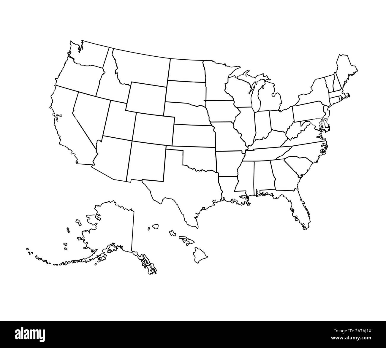 Black USA map - vector illustration. Black contour of United States, Alaska and hawaii. Stock Vector