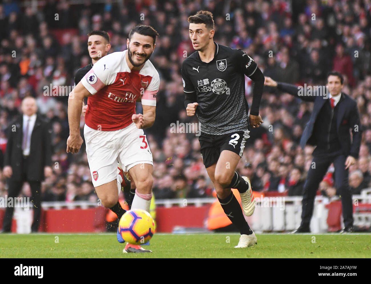 LONDON, ENGLAND - DECEMBER 22, 2018: Sead Kolasinac of Arsenal (L) and Matthew Lowton of Burnley (R) pictured during the 2018/19 Premier League game between Arsenal FC and Burnley FC at Emirates Stadium. Stock Photo