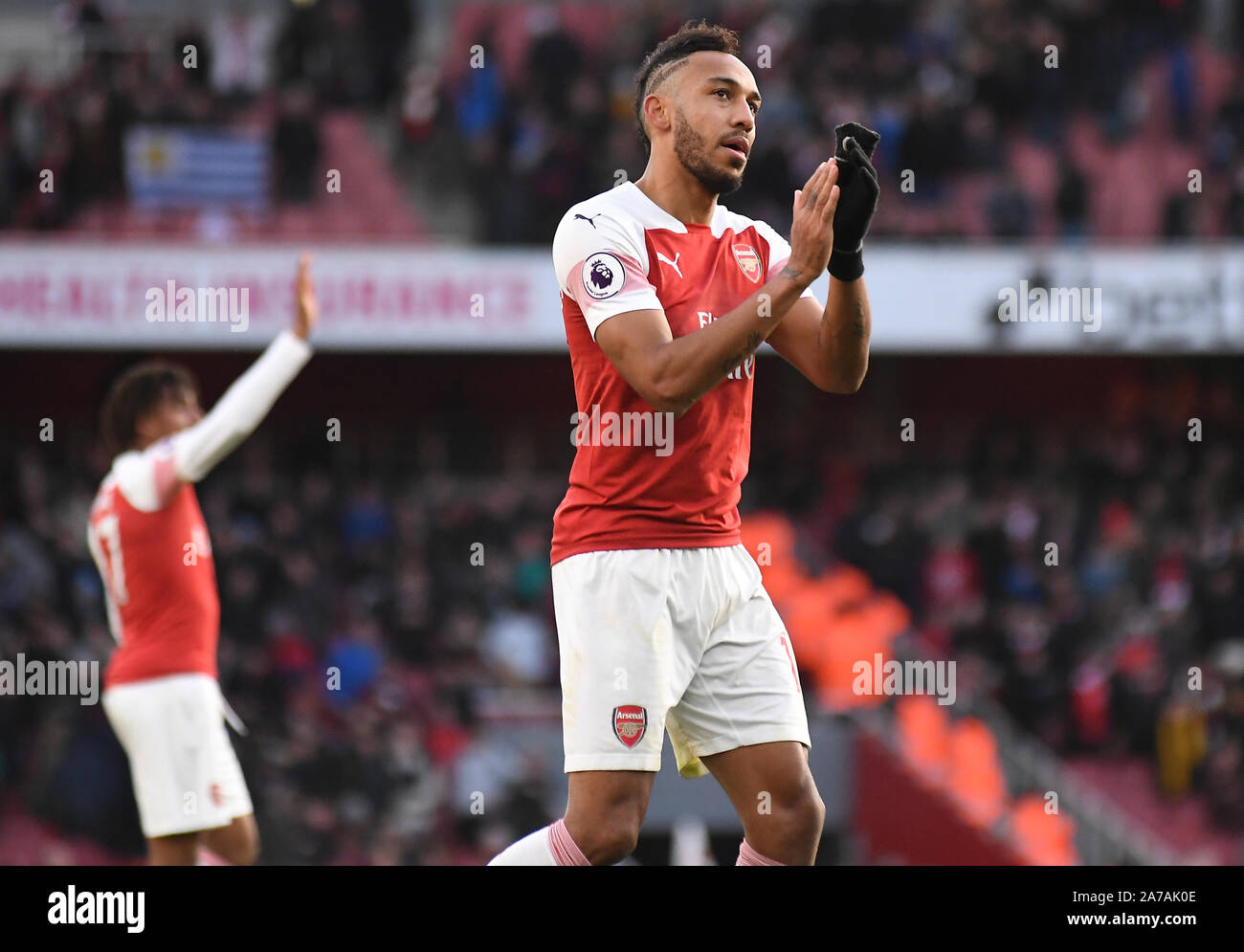 LONDON, ENGLAND - DECEMBER 22, 2018: Pierre-Emerick Aubameyang of Arsenal salutes the fans after the 2018/19 Premier League game between Arsenal FC and Burnley FC at Emirates Stadium. Stock Photo