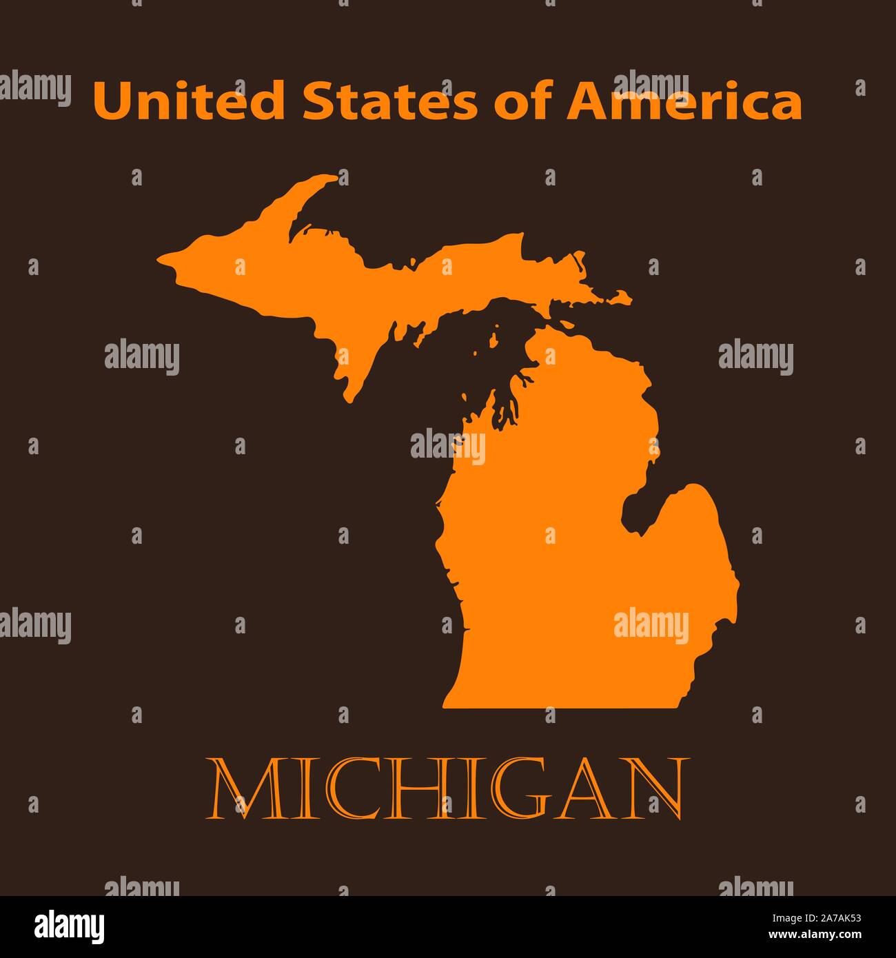 Orange Michigan map - vector illustration. Simple flat map of Michigan on a brown background. Stock Vector