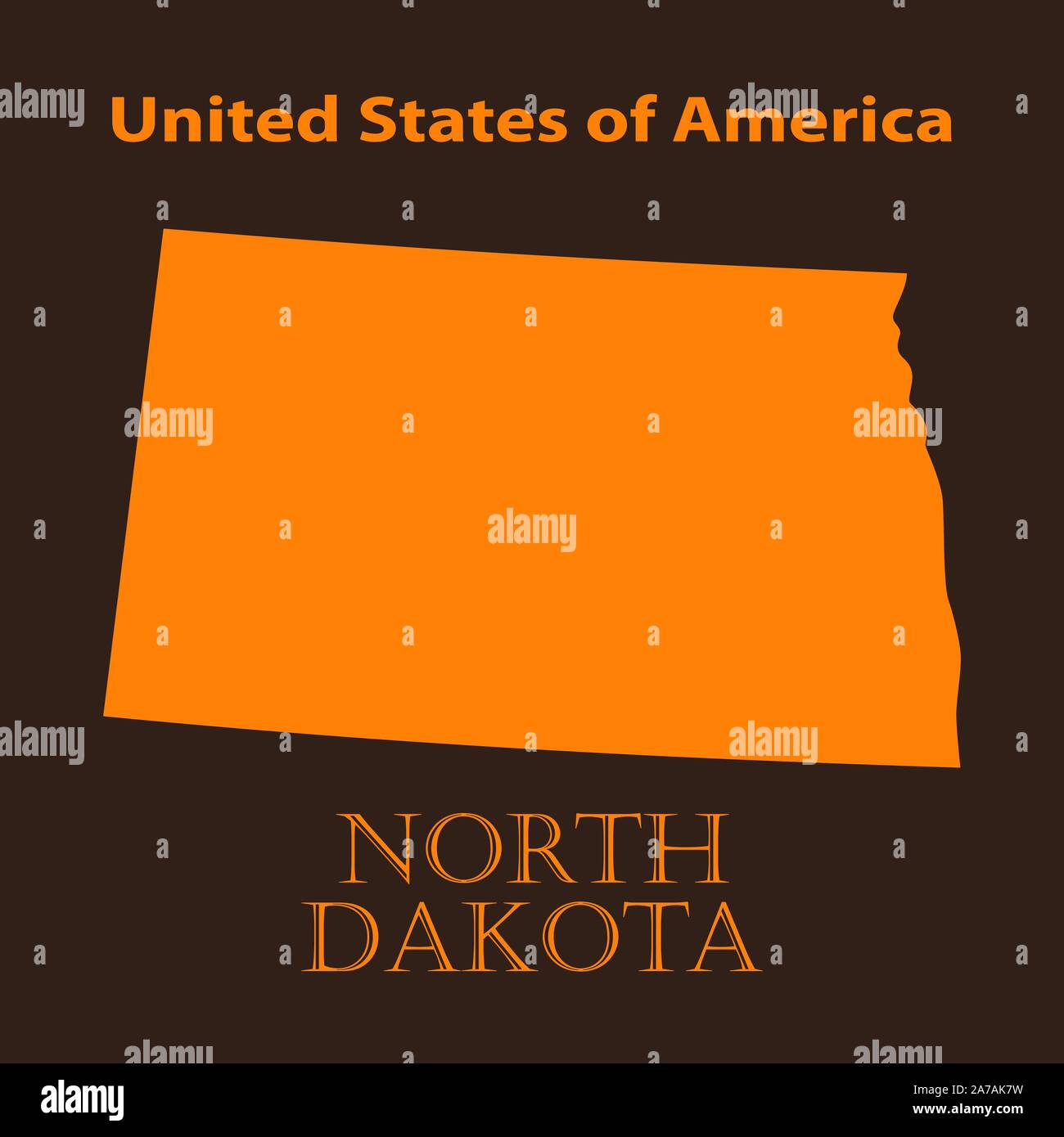 Orange North Dakota map - vector illustration. Simple flat map of North Dakota on a brown background. Stock Vector
