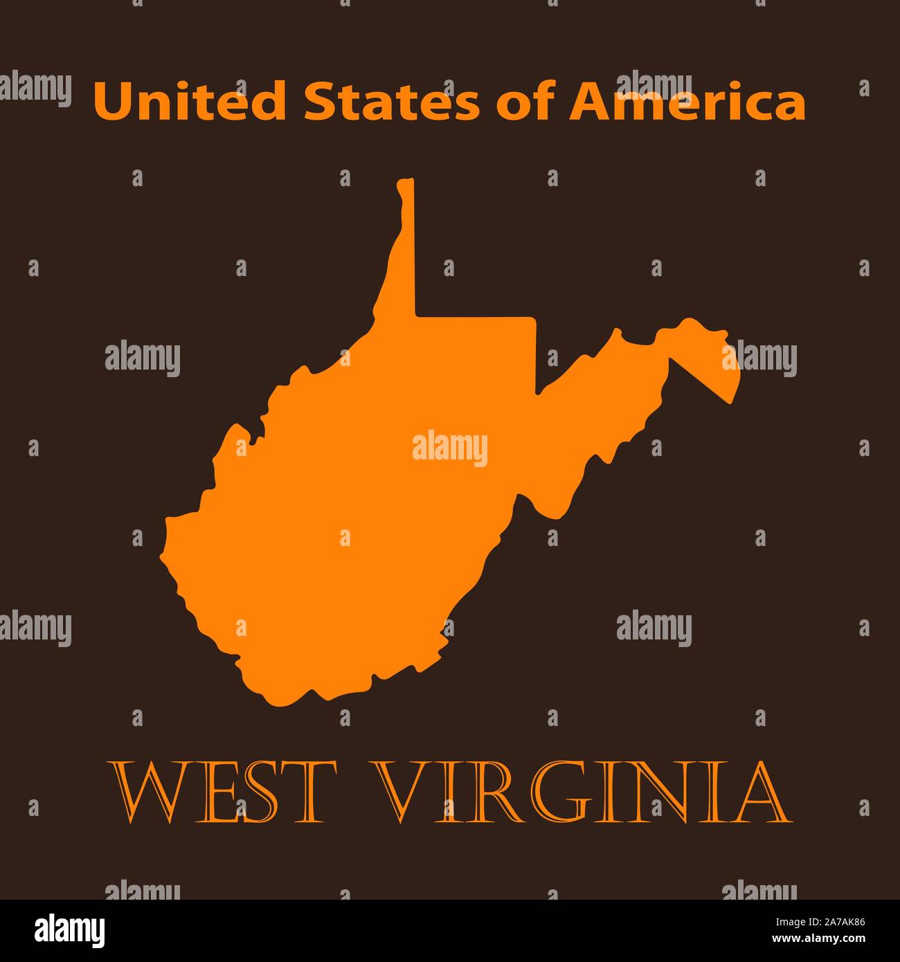 Orange West Virginia map - vector illustration. Simple flat map of West Virginia on a brown background. Stock Vector
