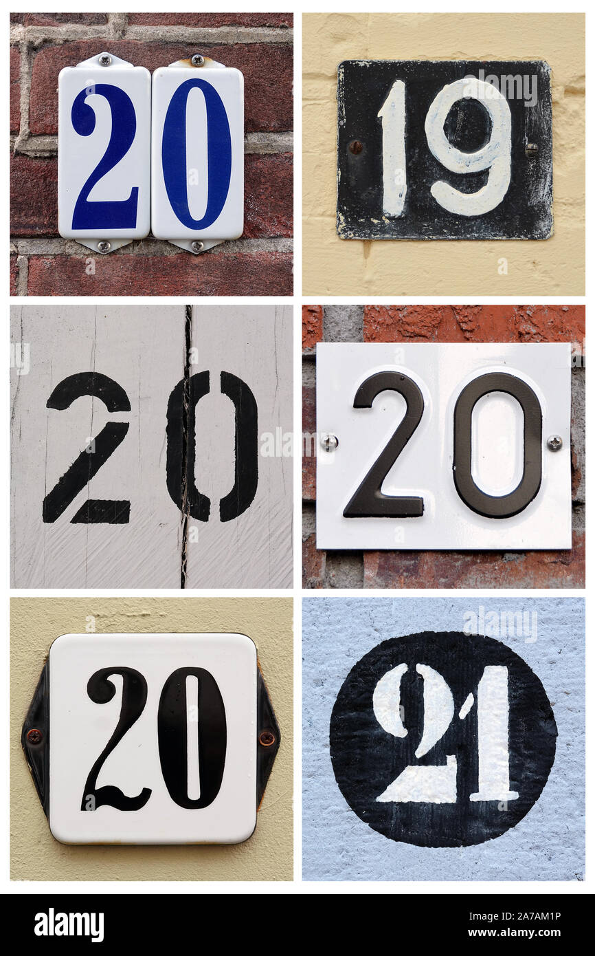 A collage of numbers 2019, 2020 and 2021 composed of house numbers. Stock Photo