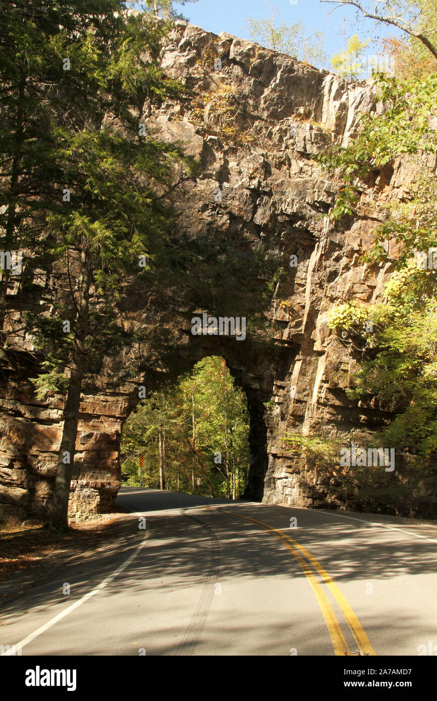 Route TN133 passing through the Backbone Rock, a landmark within the Cherokee National Forest in Tennessee, USA Stock Photo