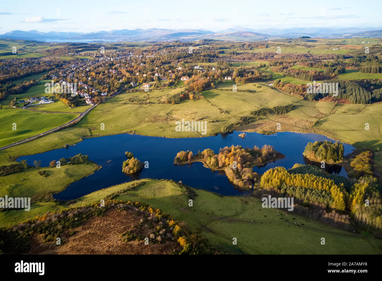 Aerial view over Knapps Loch in Kilmacolm during sunset Stock Photo Alamy