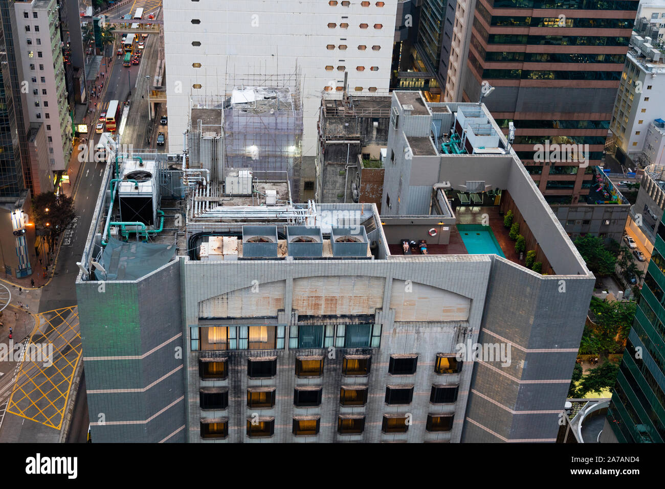 View of rooftop urban hotel leisure centre with small swimming pool in Wanchai Hong Kong Stock Photo