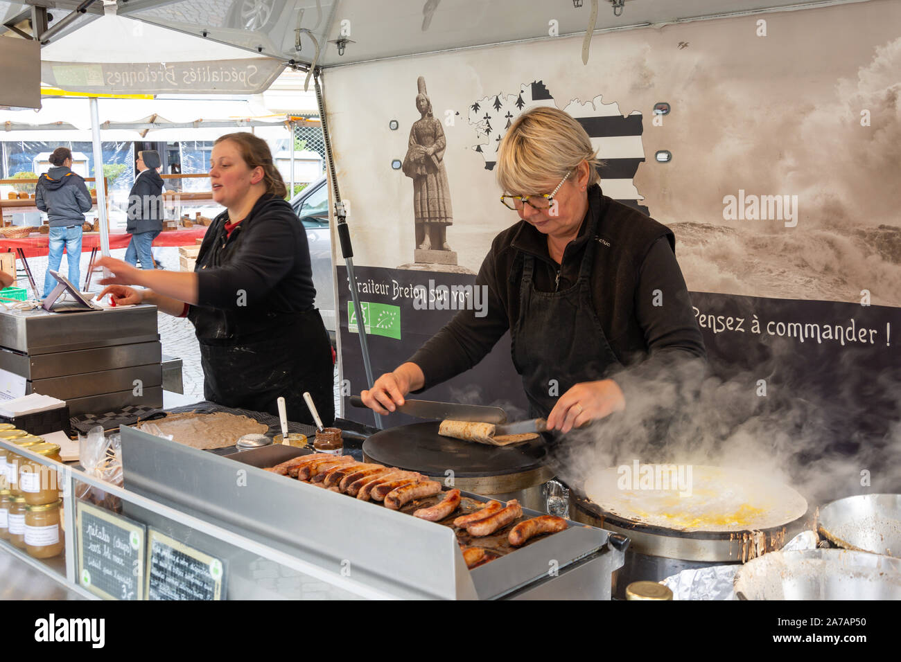 Typical Breton sausage crepe stall, Place de Catherine, Honfleur, Normandy, France Stock Photo