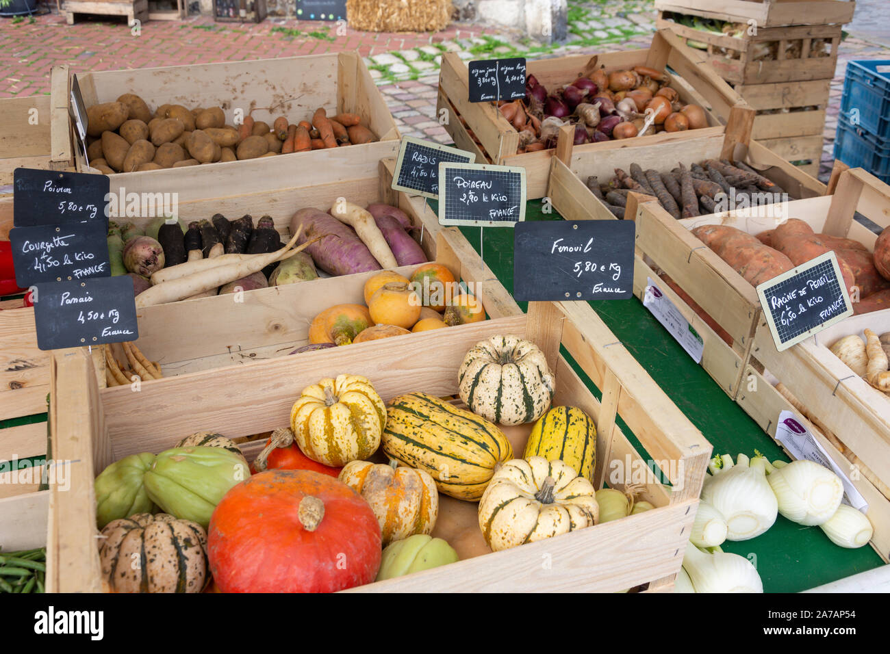 Vegetable selection on market stall, Place de Catherine, Honfleur, Normandy, France Stock Photo