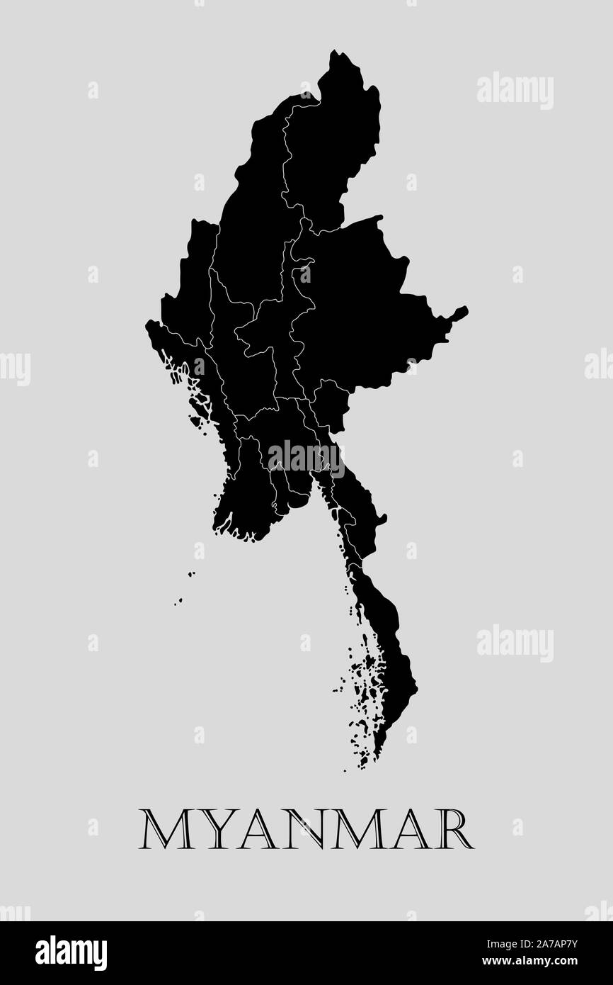 Black Myanmar map on light grey background. Black Myanmar map - vector illustration. Stock Vector