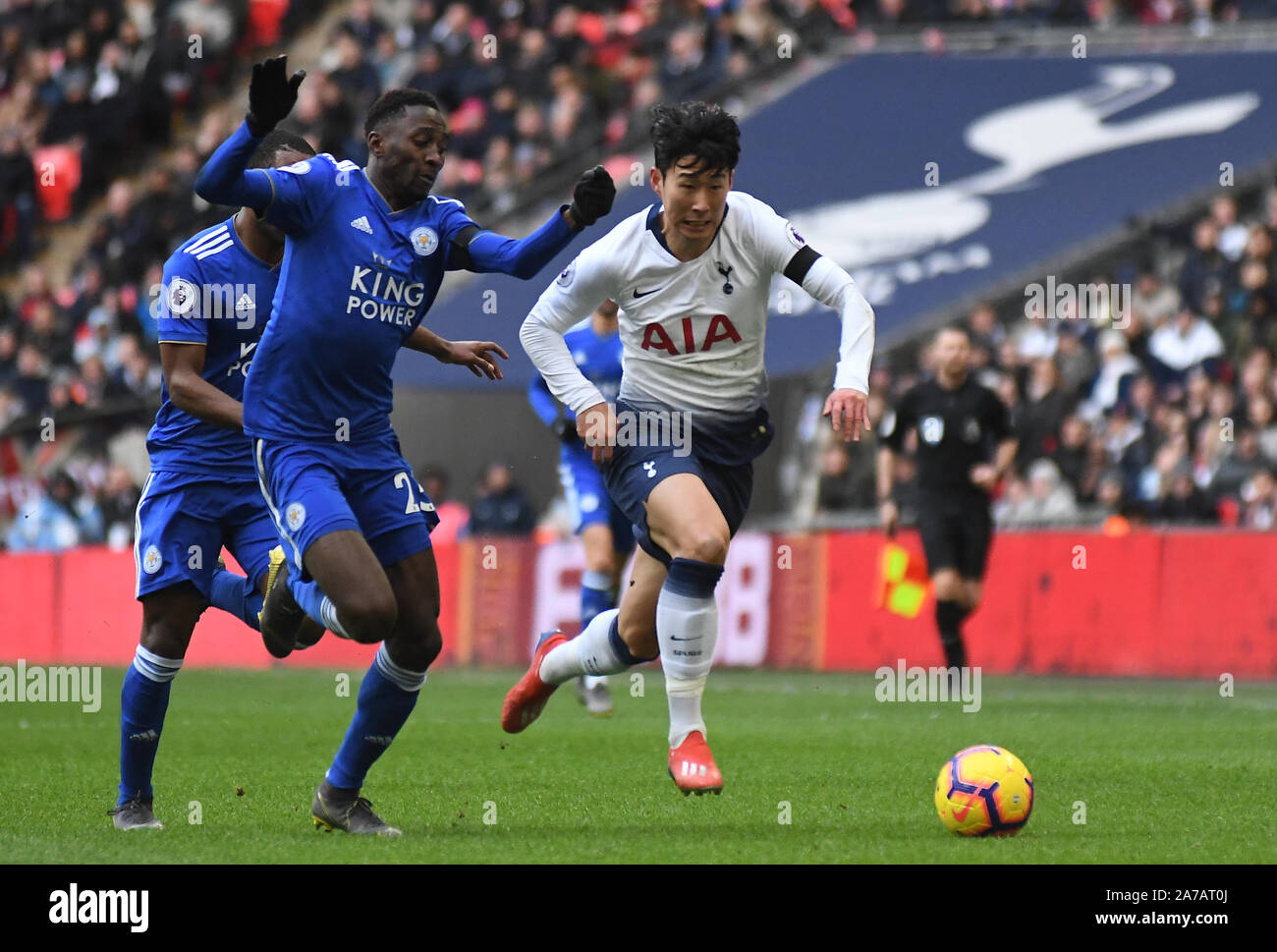 LONDON, ENGLAND - FEBRUARY 10, 2019: Wilfred Ndidi of Leicester (L) and Heung-Min Son of Tottenham (R) pictured during the 2018/19 Premier League game between Tottenham Hotspur and Leicester City at Wembley Stadium. Stock Photo