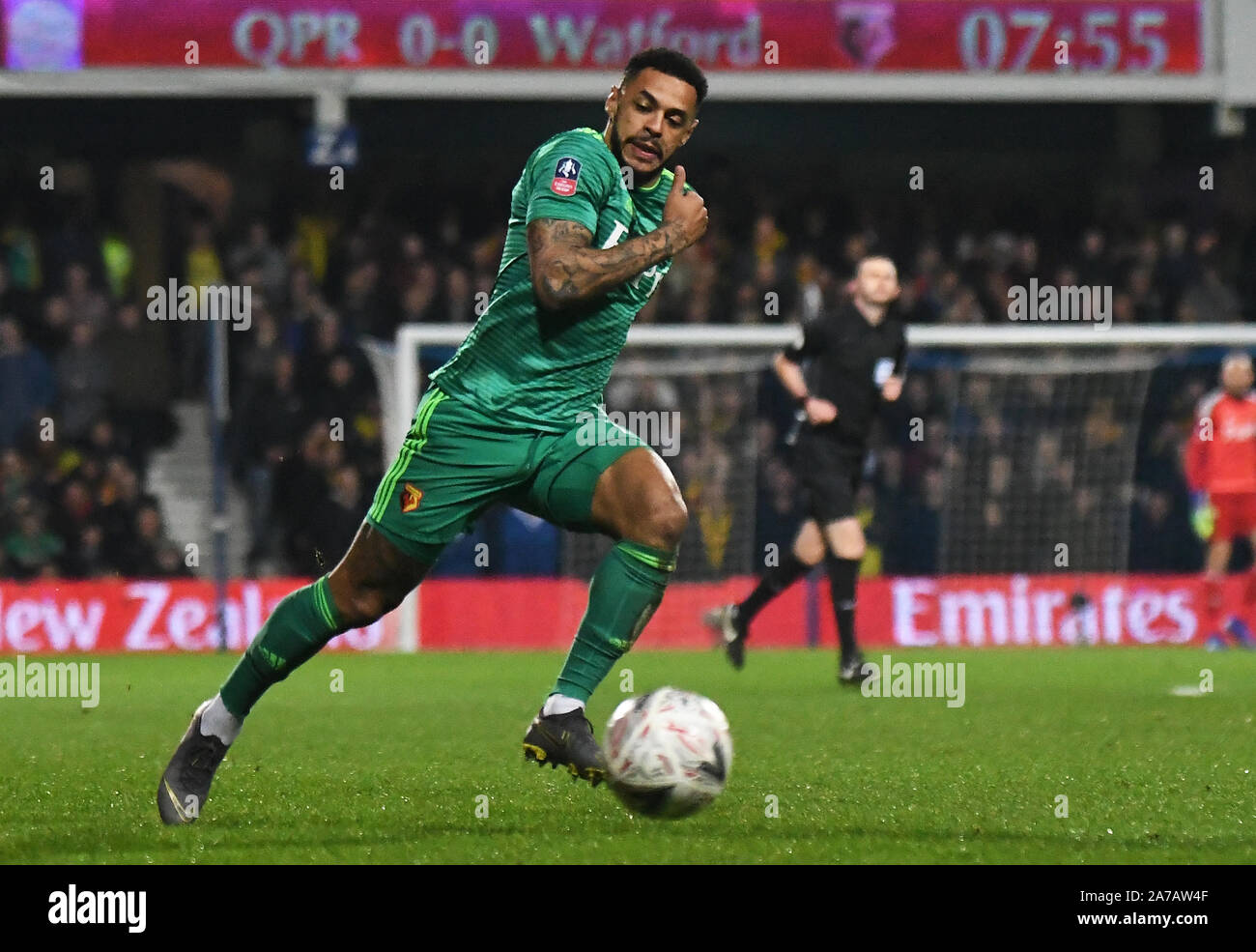 LONDON, ENGLAND - FEBRUARY 15, 2019: Andre Gray of Watford pictured during the 2018/19 FA Cup Fifth Round game between Queens Park Rangers FC and Watford FC at Loftus Road Stadium. Stock Photo