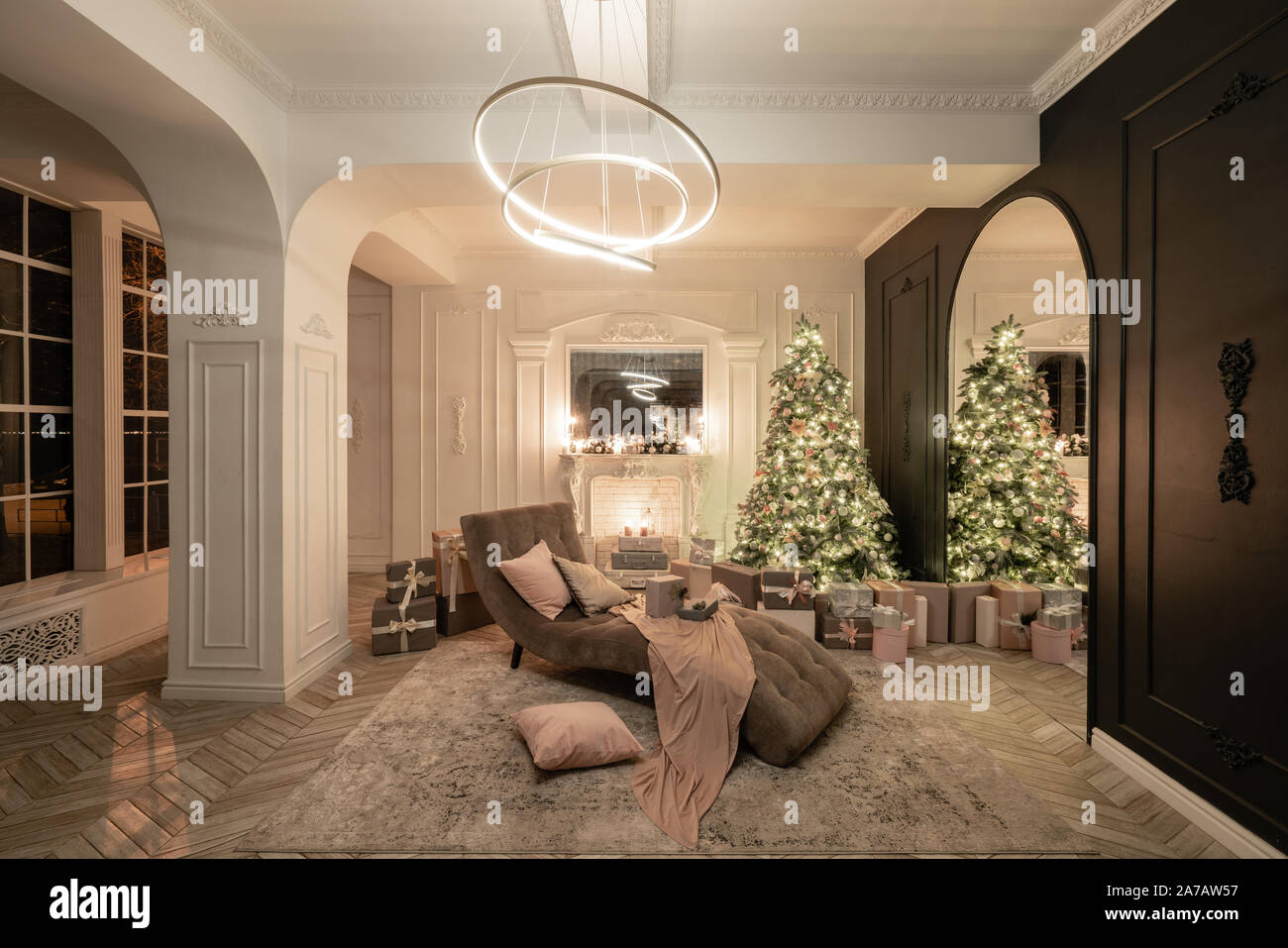 Christmas evening in the light of candles and garlands. Classic